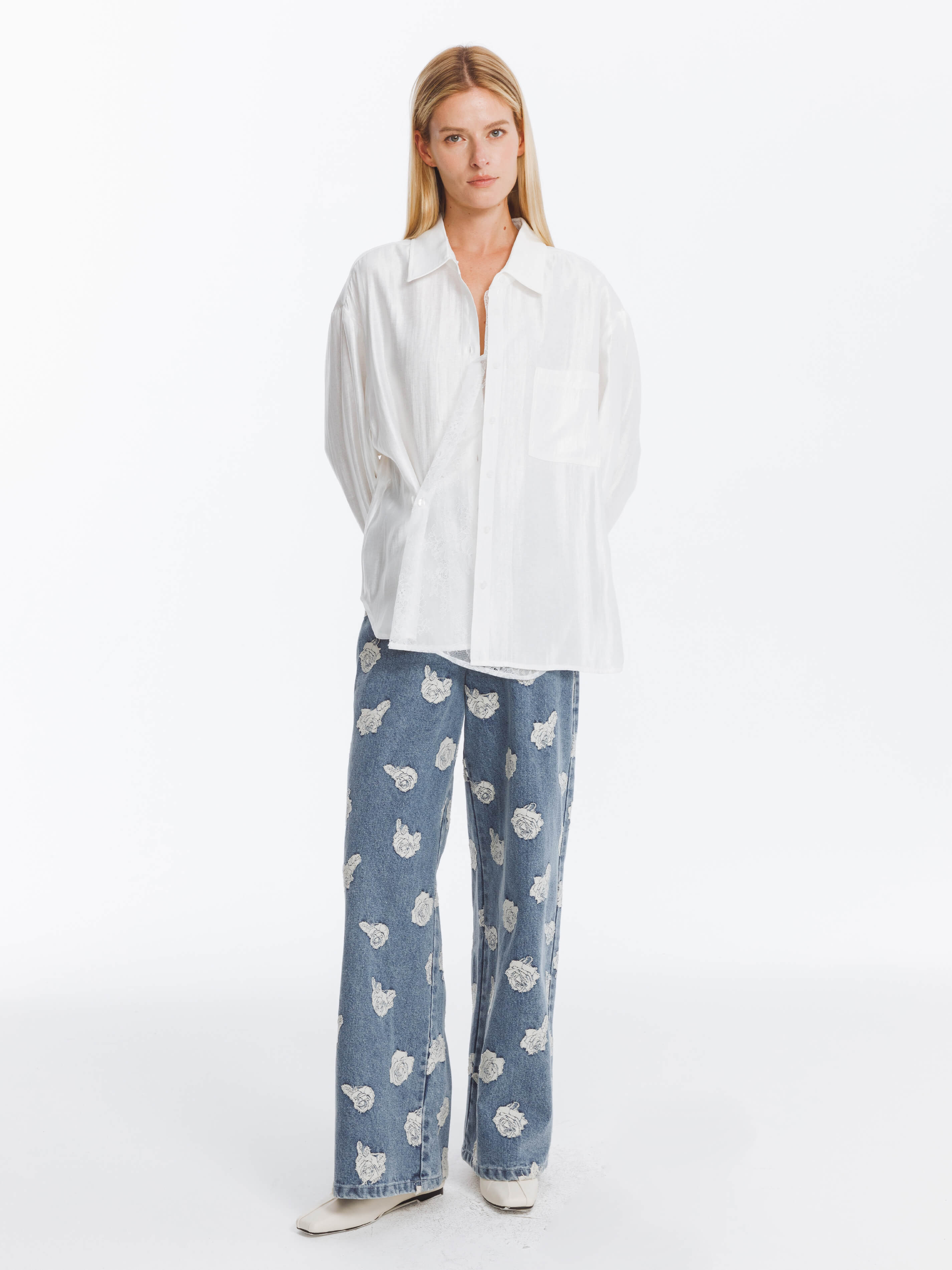 Retro Rose Print Washed Straight Leg Jeans-4