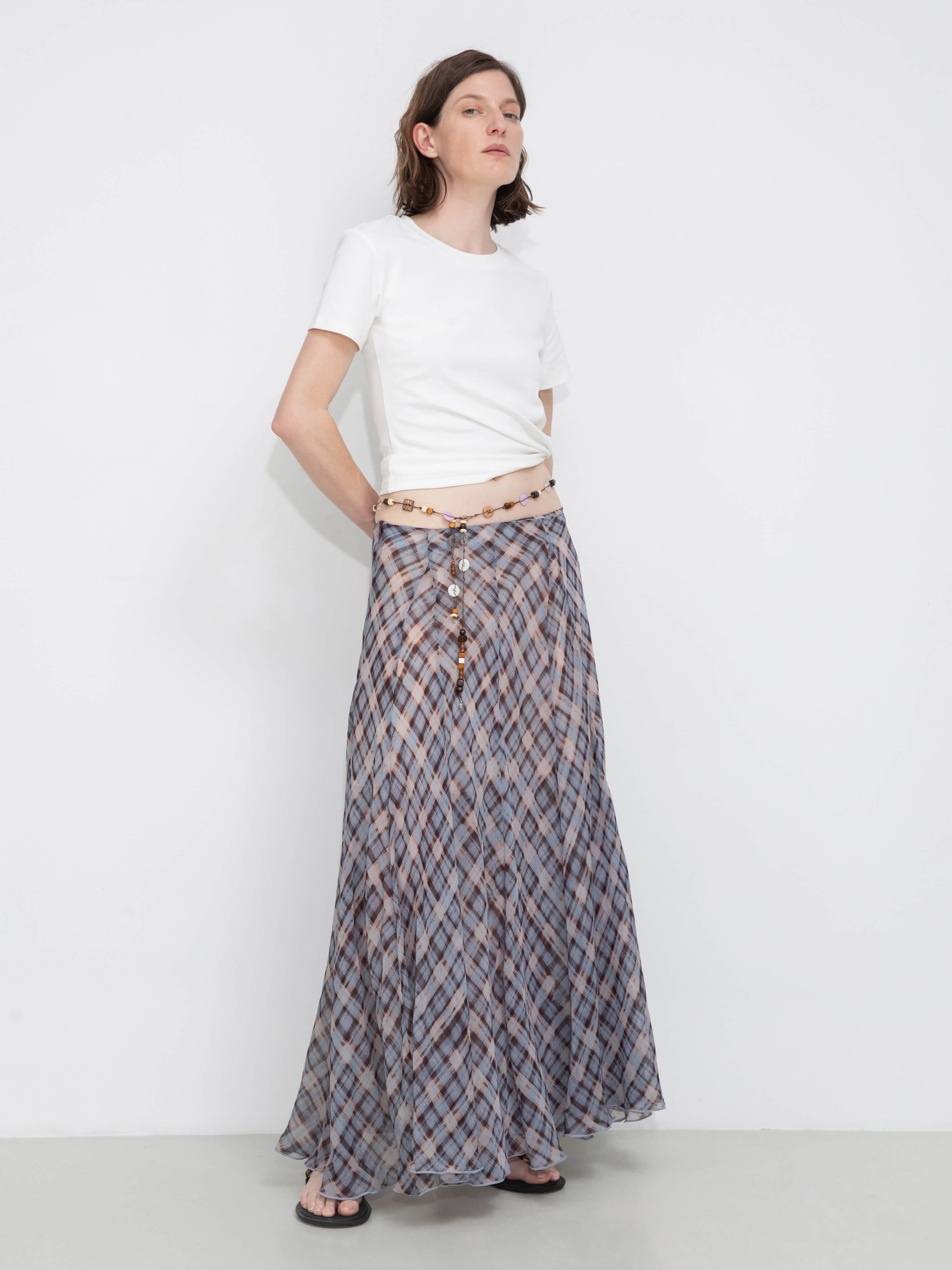 Asymmetrical Flowy Check Maxi Skirt-Blue-3