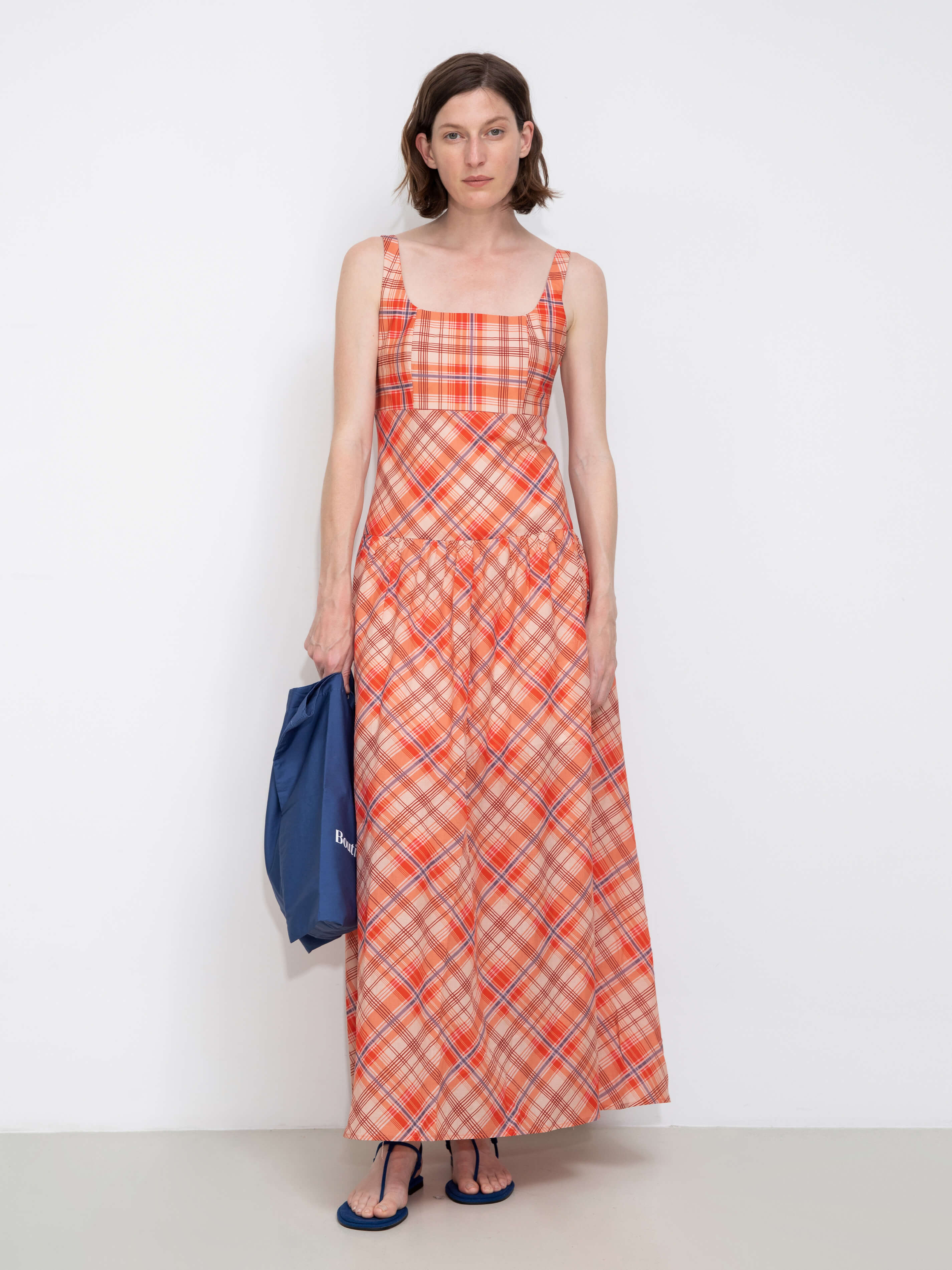 Red Check Print Square Neck Dress-4