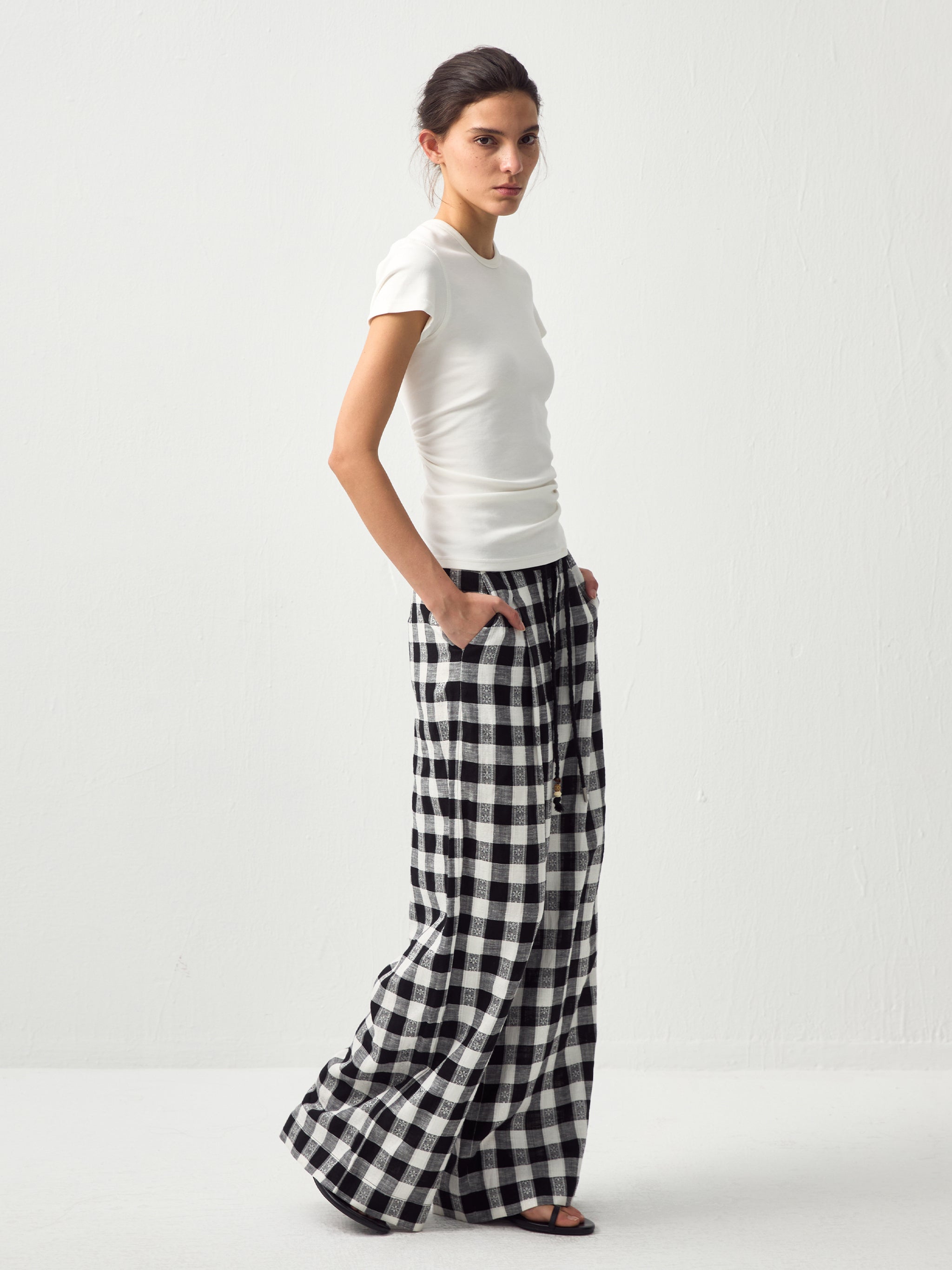 CUBIC Drapey Check Wide-Leg Trousers-5