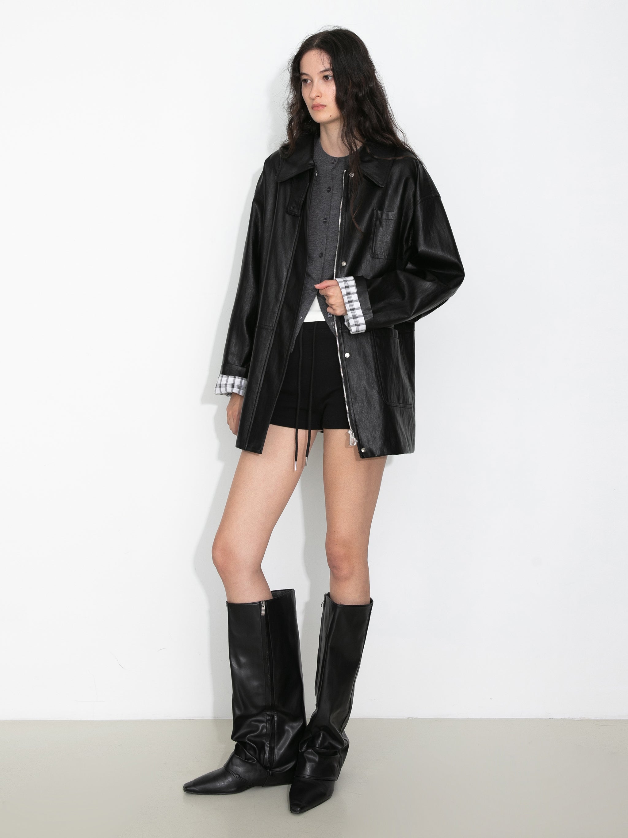 Stand Collar Oversized Leather Jacket-5