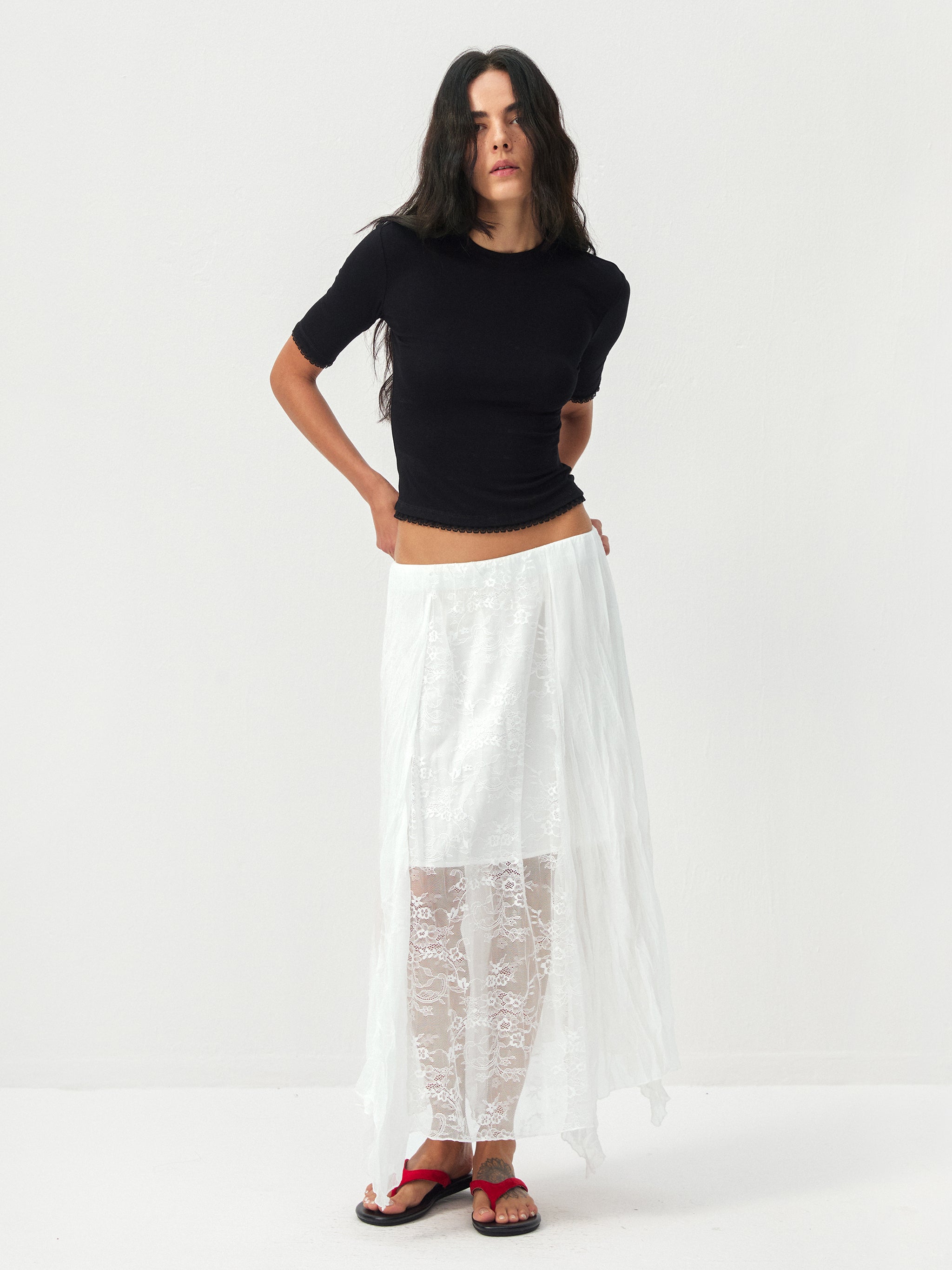 CUBIC Lace-Overlay Asymmetrical Sheer Midi Skirt-5