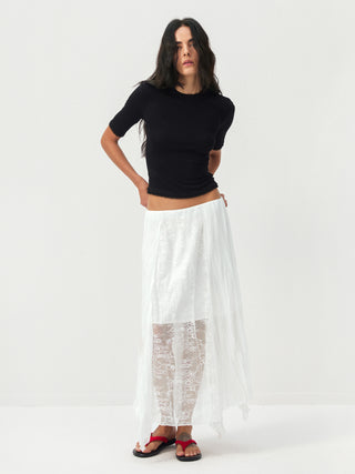 CUBIC Lace-Overlay Asymmetrical Sheer Midi Skirt