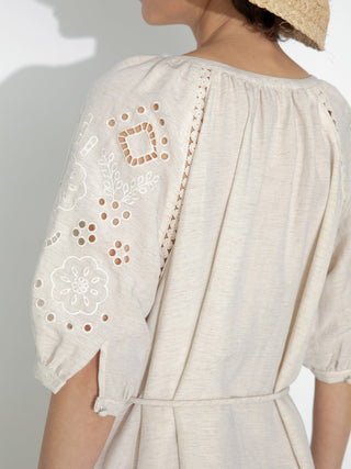 Loose-Fit Eyelet Embroidered Short-Sleeve Dress