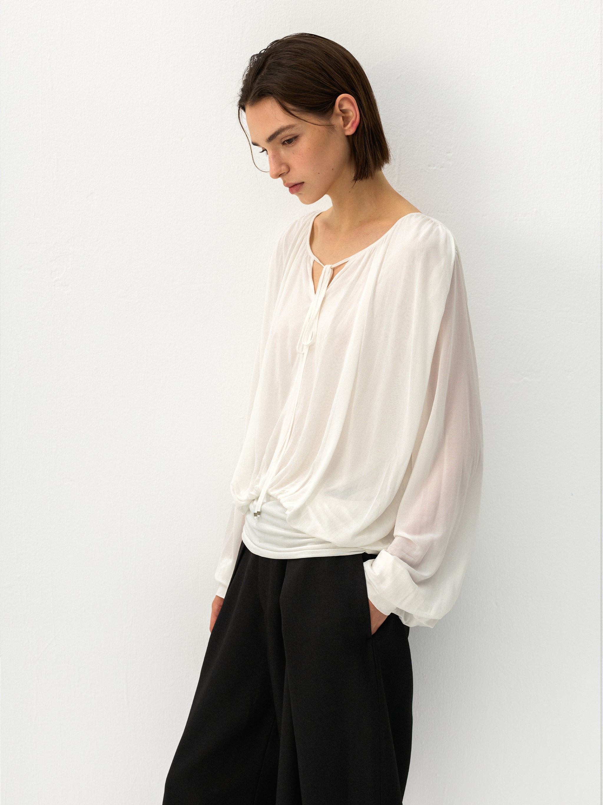 CUBIC Tie Neck Batwing Blouse-5