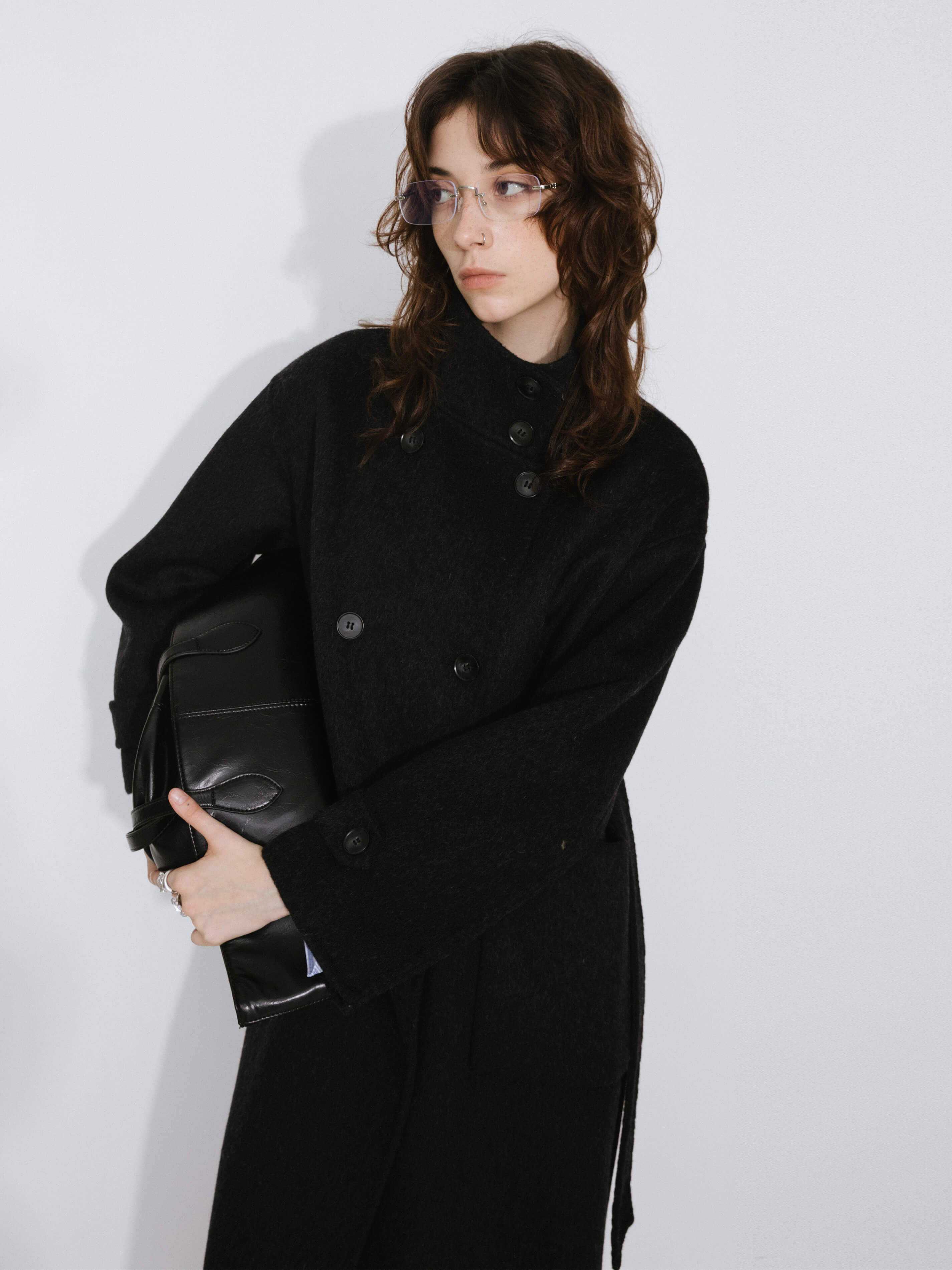 High Collar Tailored Wool Long Coat-5
