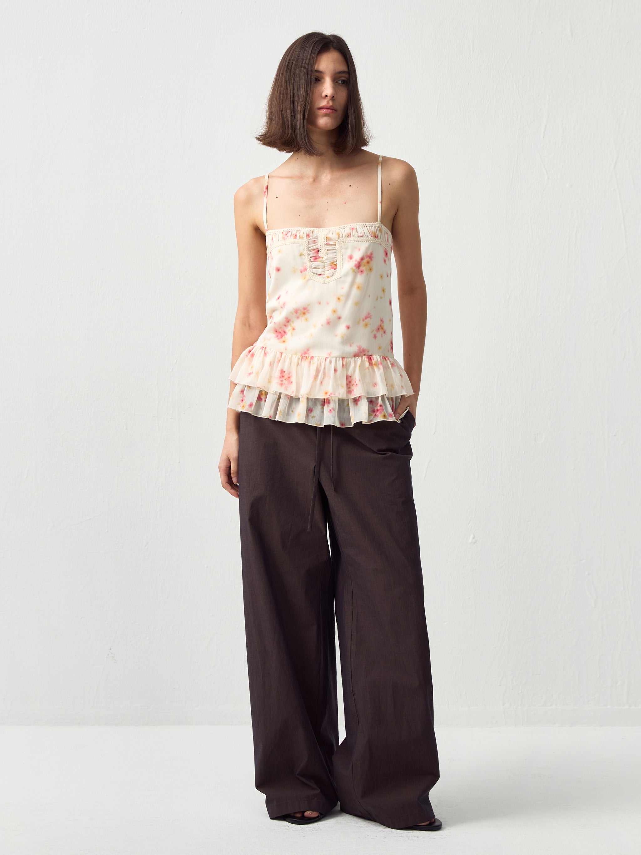 CUBIC Lace V-Neck Ruffle Floral Camisole-5