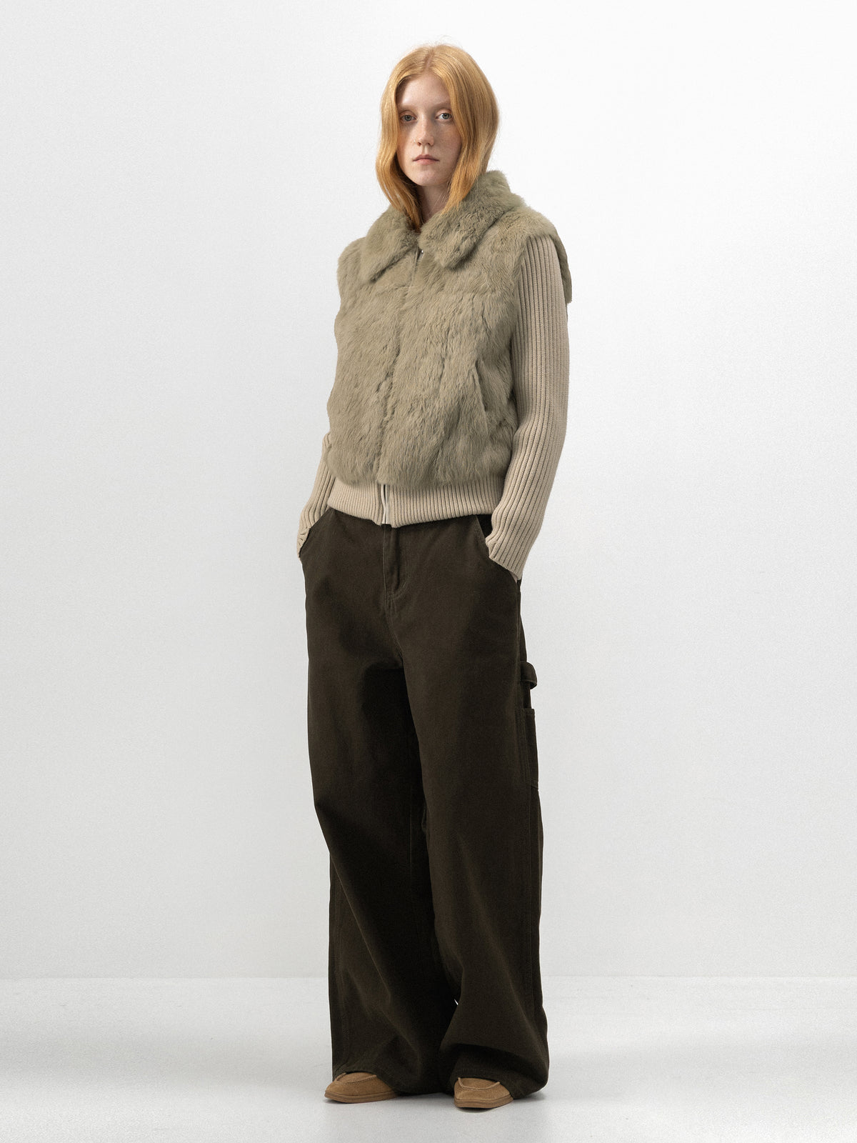 CUBIC Rabbit-Fur Panelled Knit Zip-Up Jacket-5