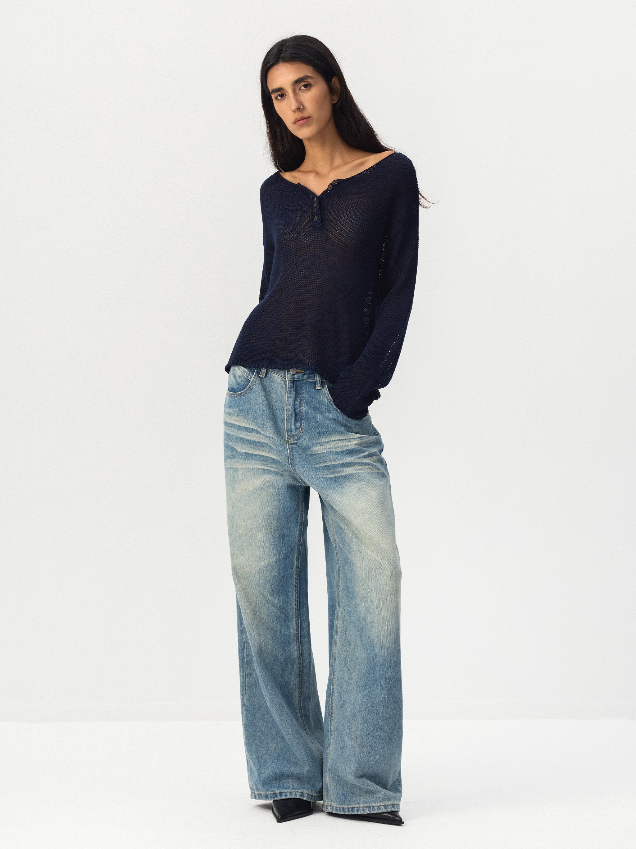 CUBIC Button Detail Open-Knit Top-5