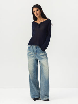 CUBIC Button Detail Open-Knit Top