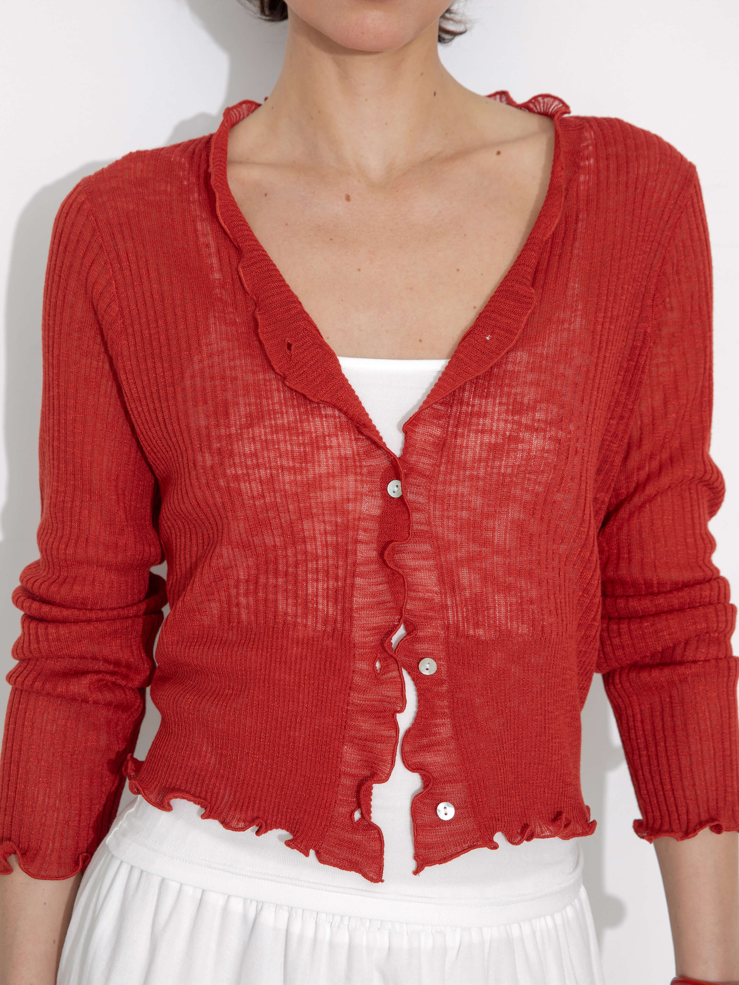 V-Neck Knit Cardigan with Ruffled Long Sleeves-5