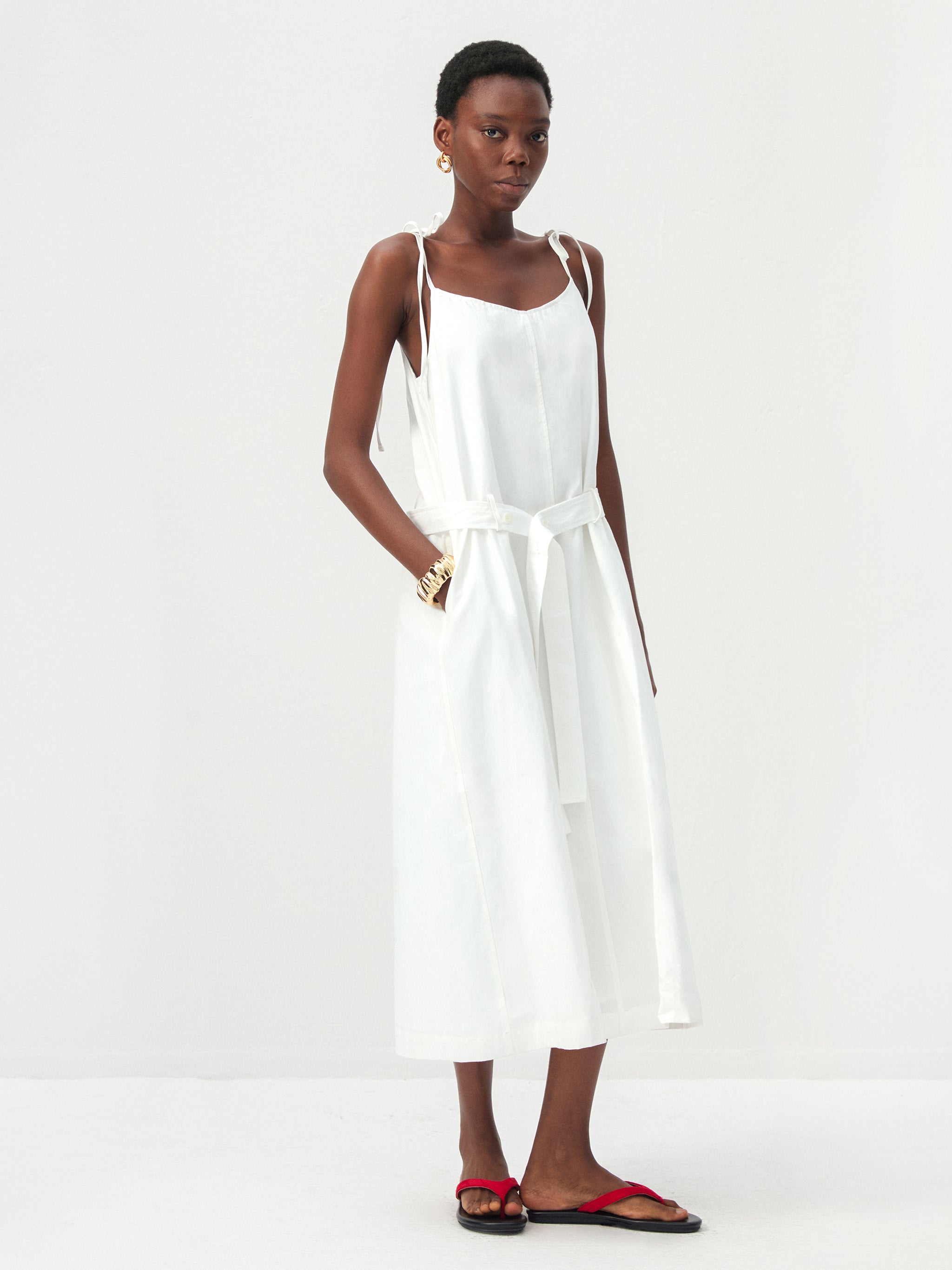CUBIC Cotton-Linen Blend Tie-Shoulder Belted Midi Dress-5