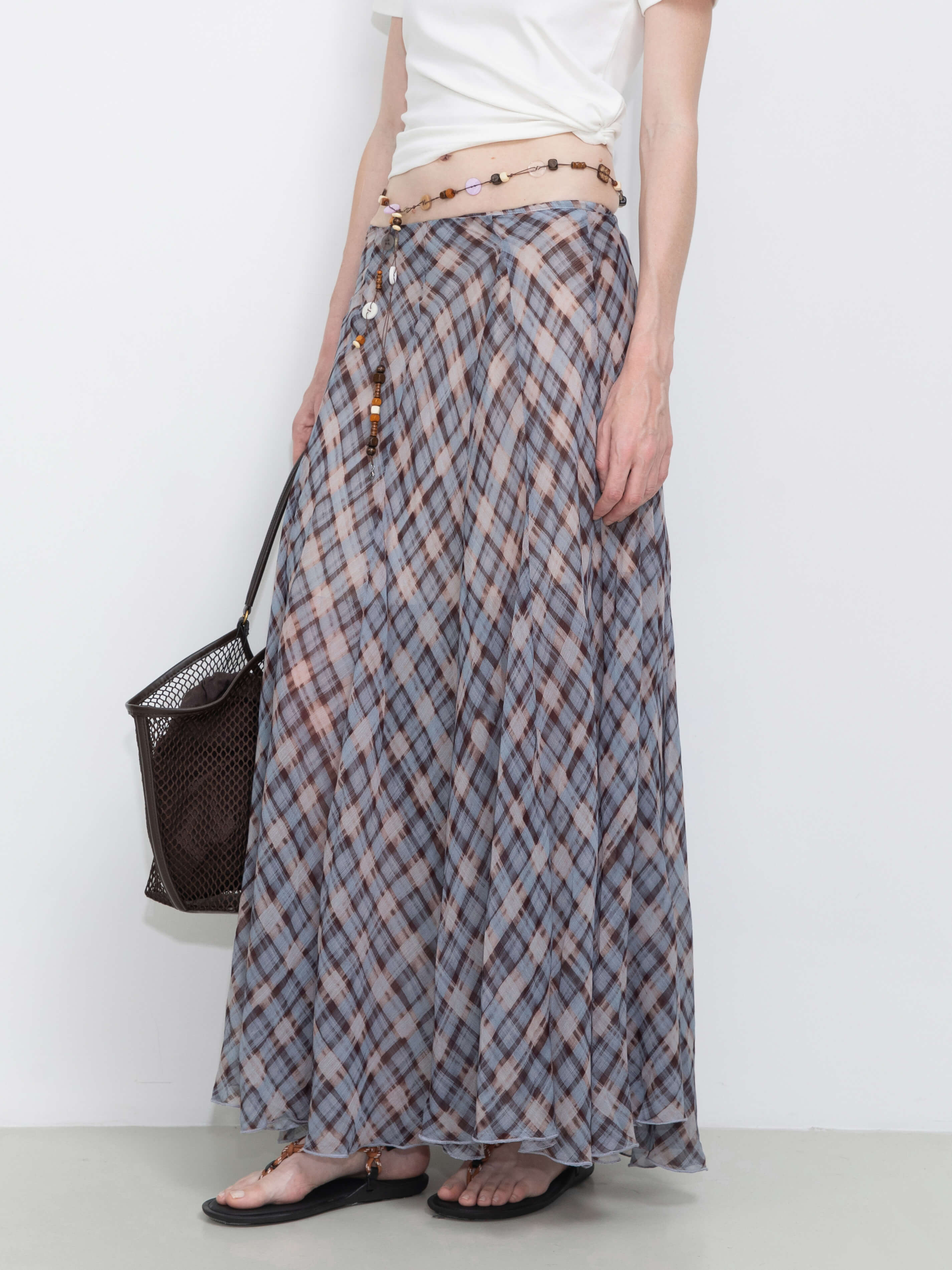 Asymmetrical Flowy Check Maxi Skirt-Blue-4