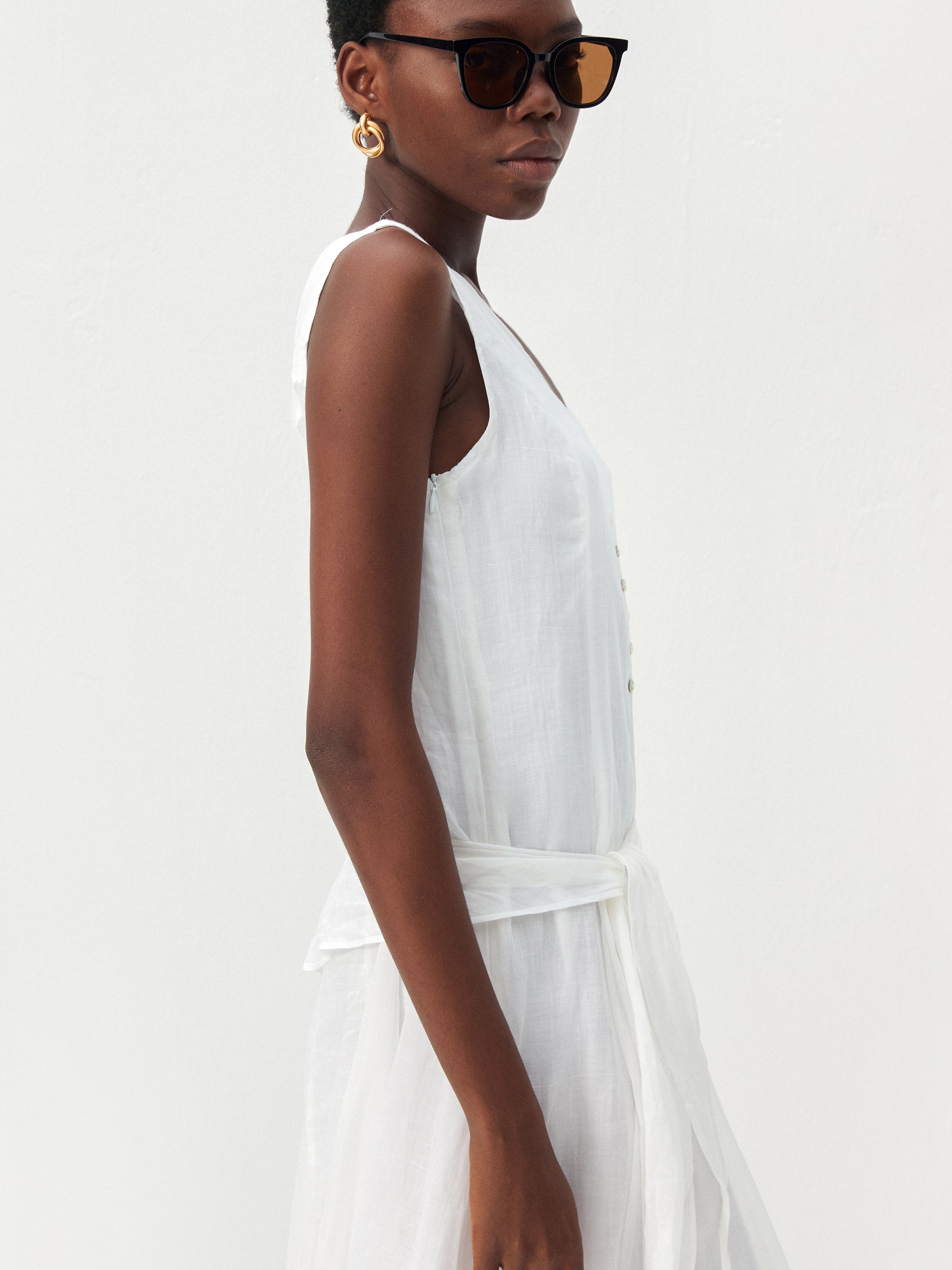 CUBIC Ramie & Chiffon Two-Piece Belted Midi Dress-5