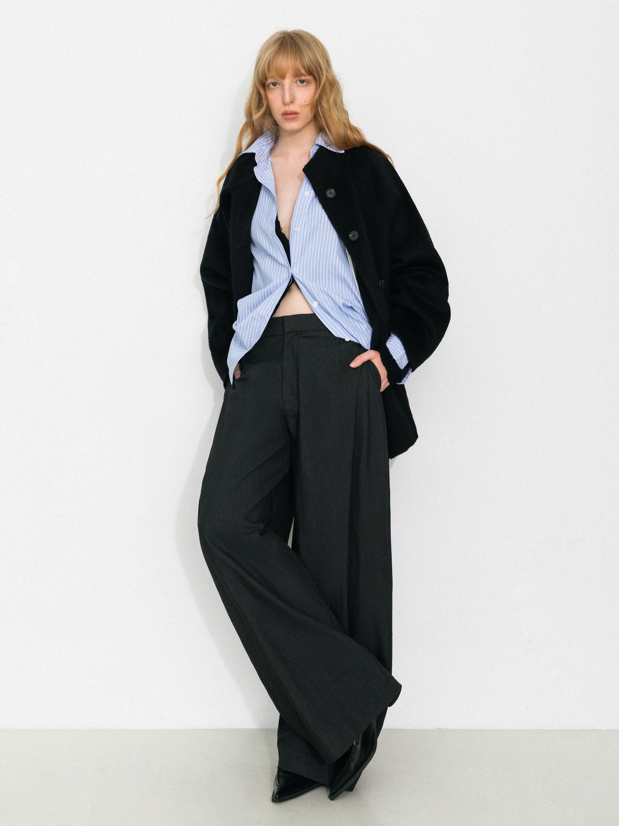 Wool Blend Stand-Collar Mid-Length Coat-5