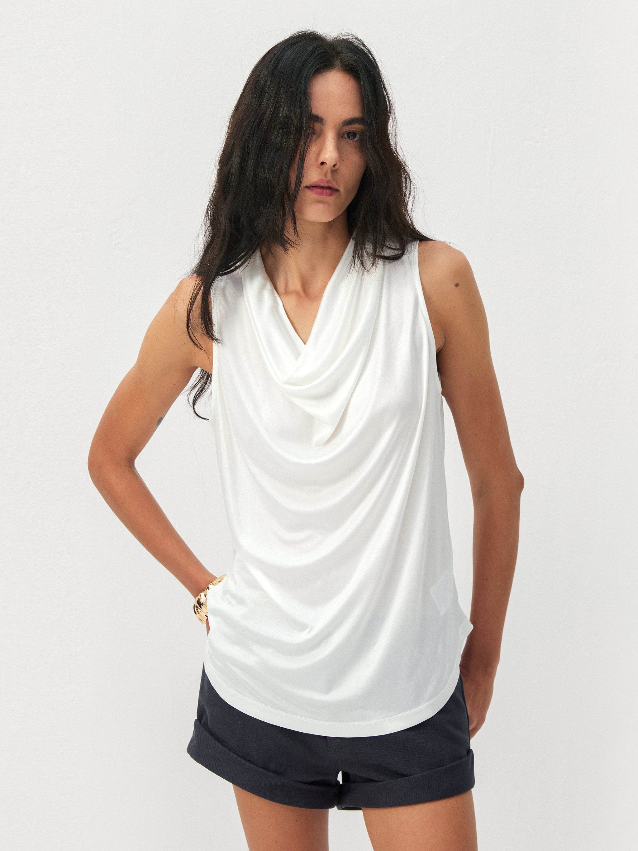 CUBIC Acetate Solid Cowl Neck Sleeveless Top-5