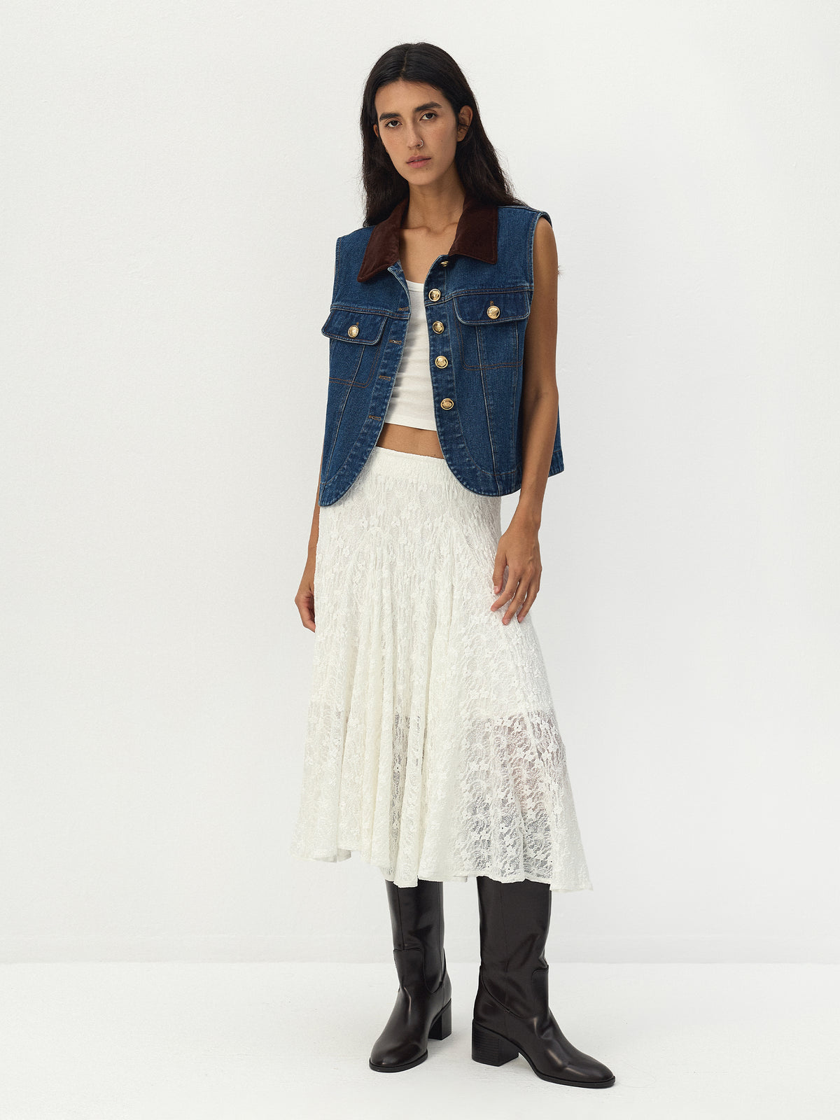 CUBIC Asymmetric Lace Midi Skirt-5
