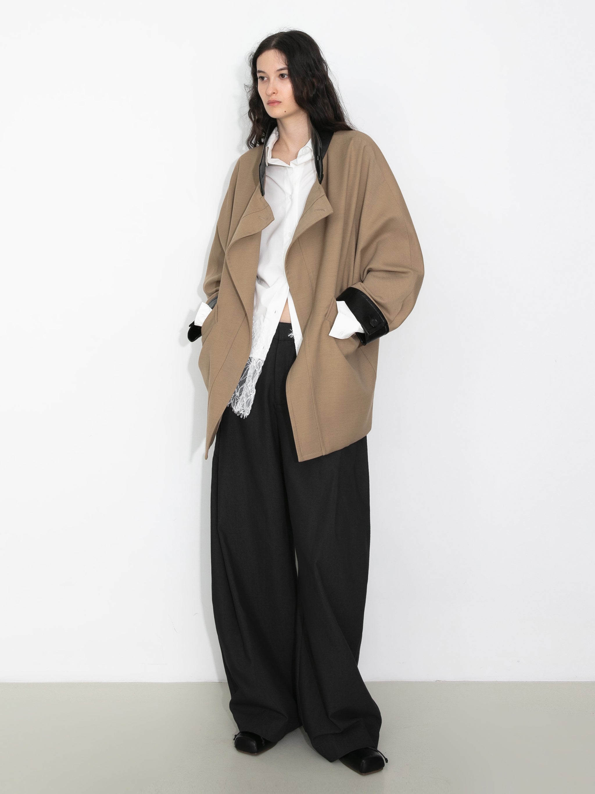 Cropped Contrast-Trim Oversized Trench Jacket-5