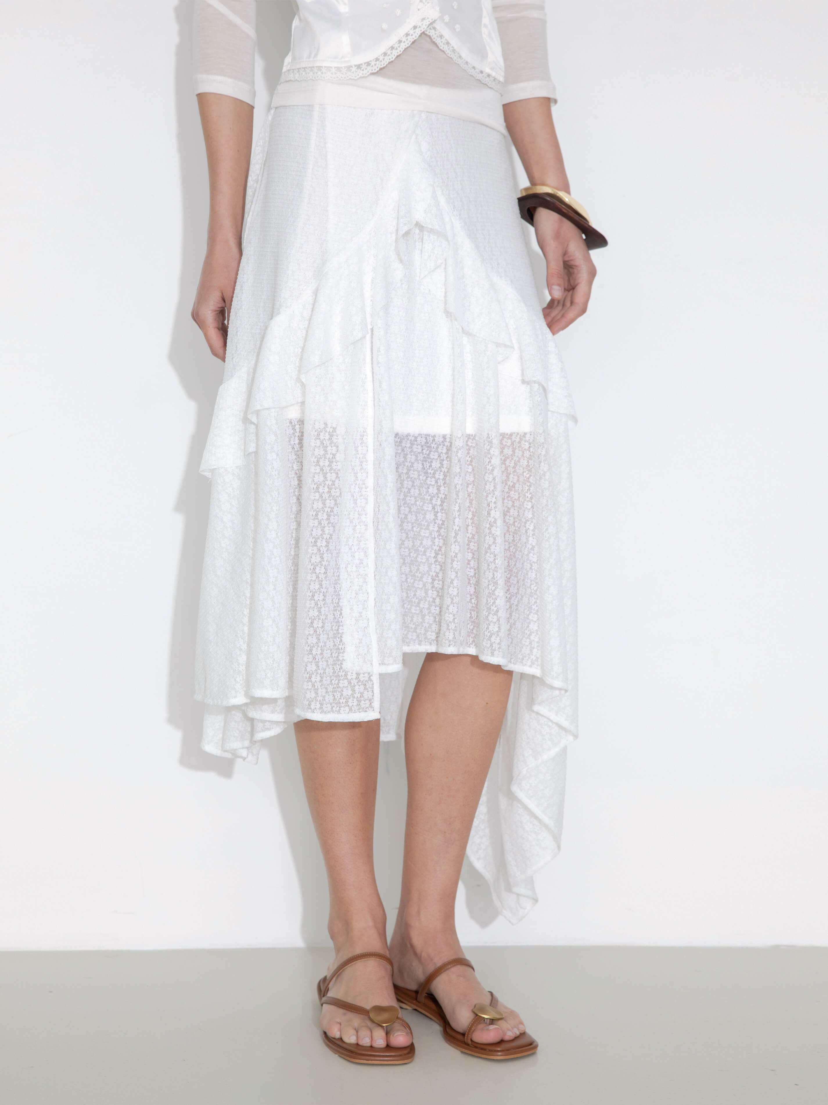 Asymmetrical Ruffled Floral Eyelet Skirt-5