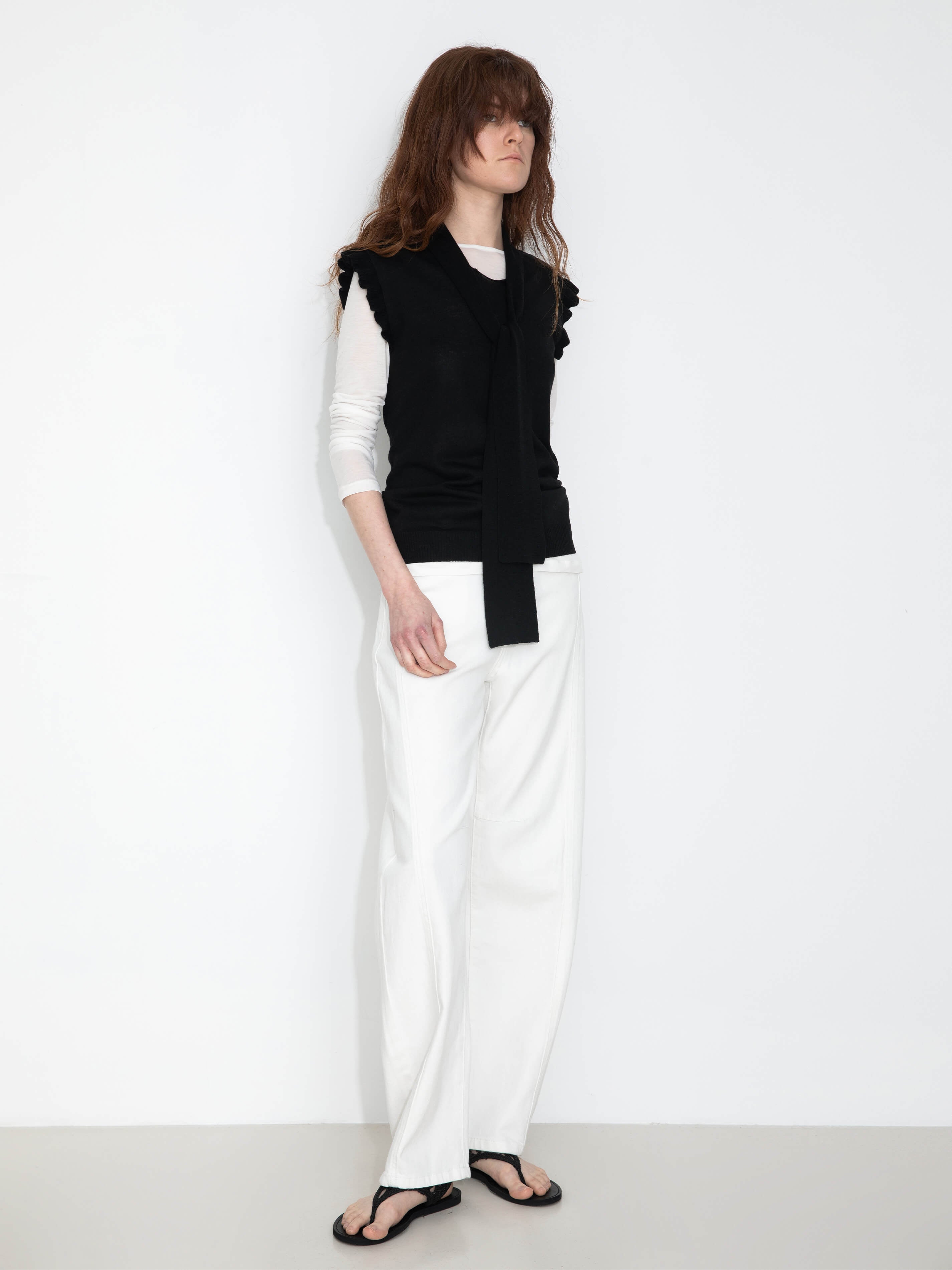 Ruffled Sleeve Sleeveless Knit Top with Attached Scarf-5