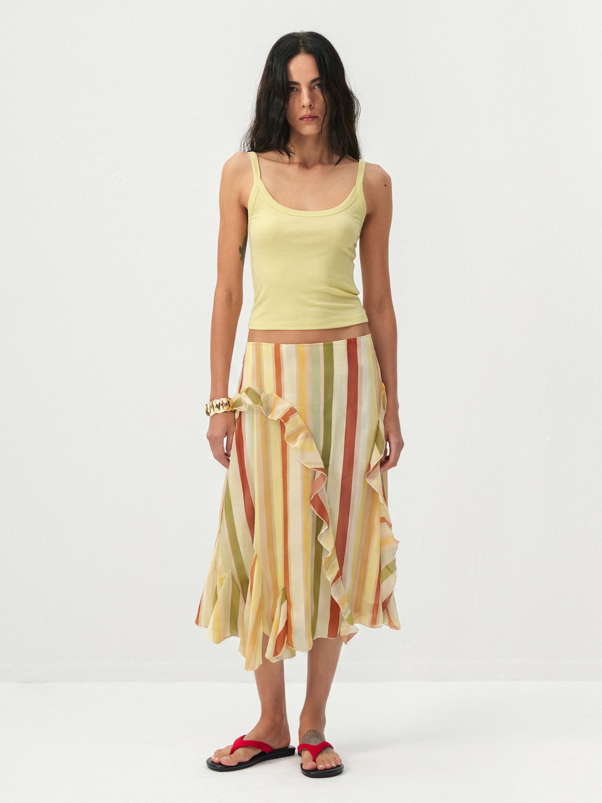 Colorful Striped Ruffled Asymmetrical Hem Skirt-5