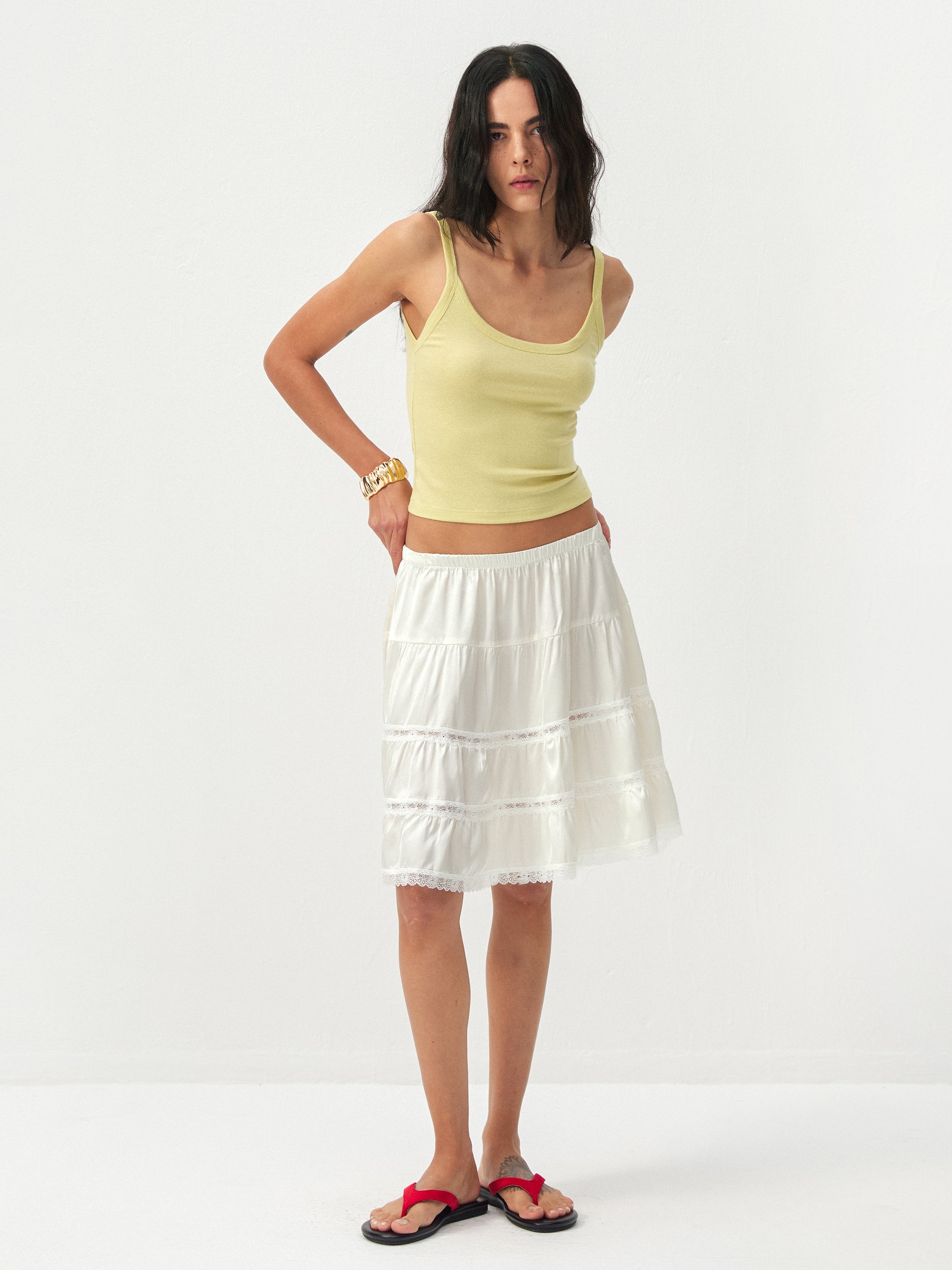 CUBIC Lace Tiered Satin Mini Skirt-5