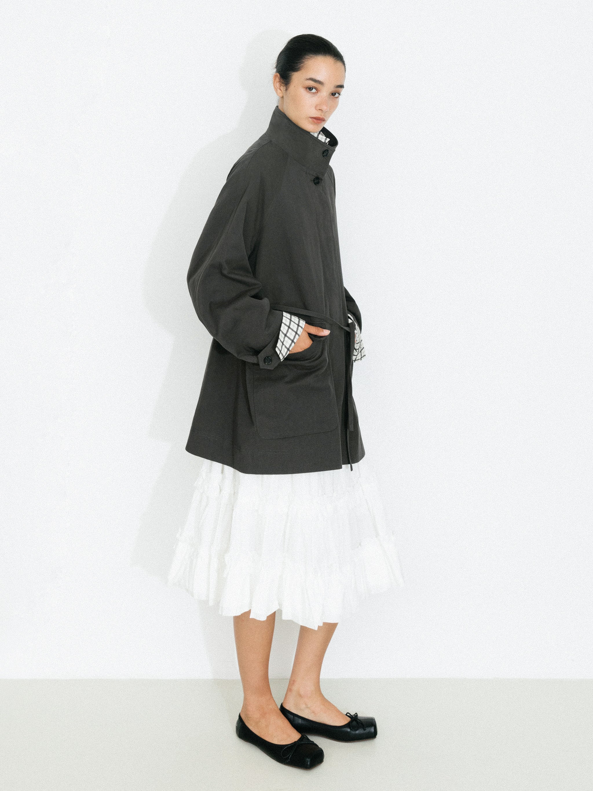100% Cotton Stand Collar Mid-Length Tie-Waist Trench Coat-5