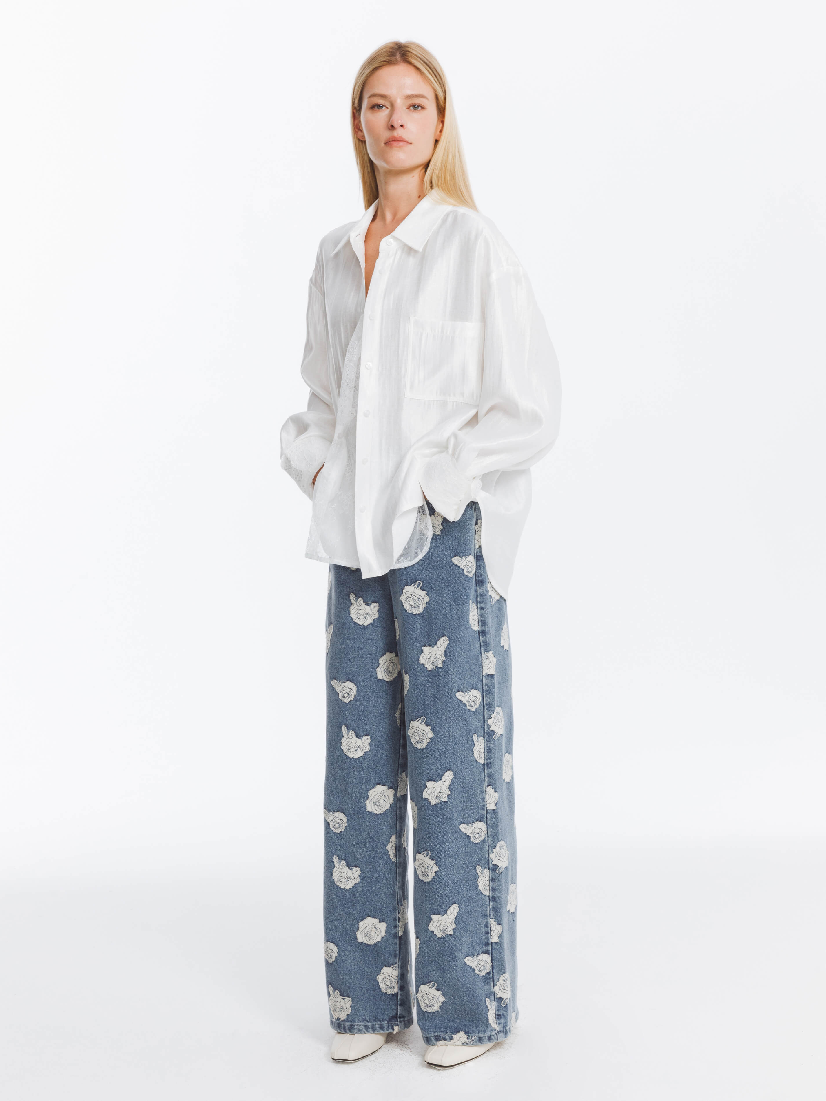Retro Rose Print Washed Straight Leg Jeans-5
