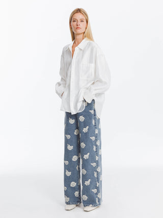Retro Rose Print Washed Straight Leg Jeans