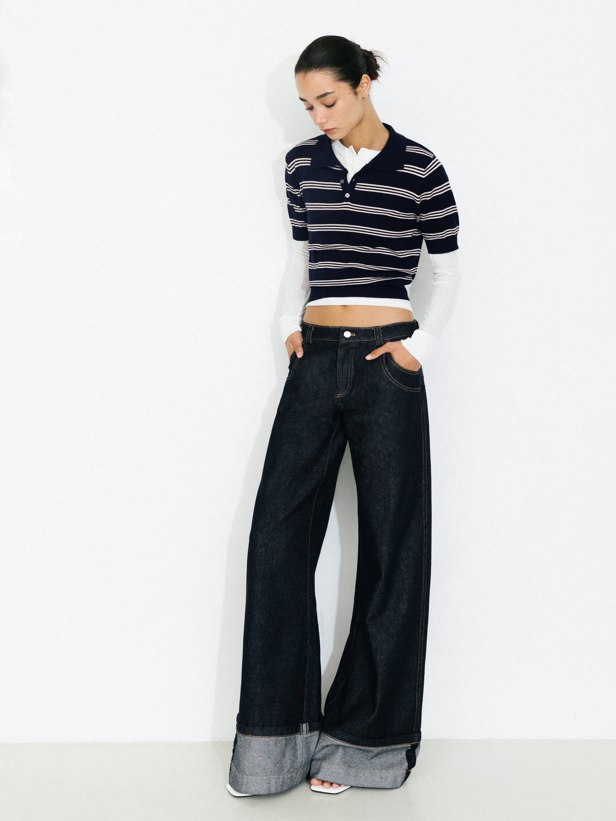Wide-Leg Slight Flare Cuffed Jeans-5