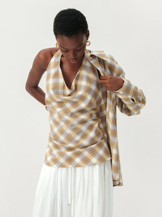 CUBIC Plaid Wrap-Effect Long Sleeve Blouse