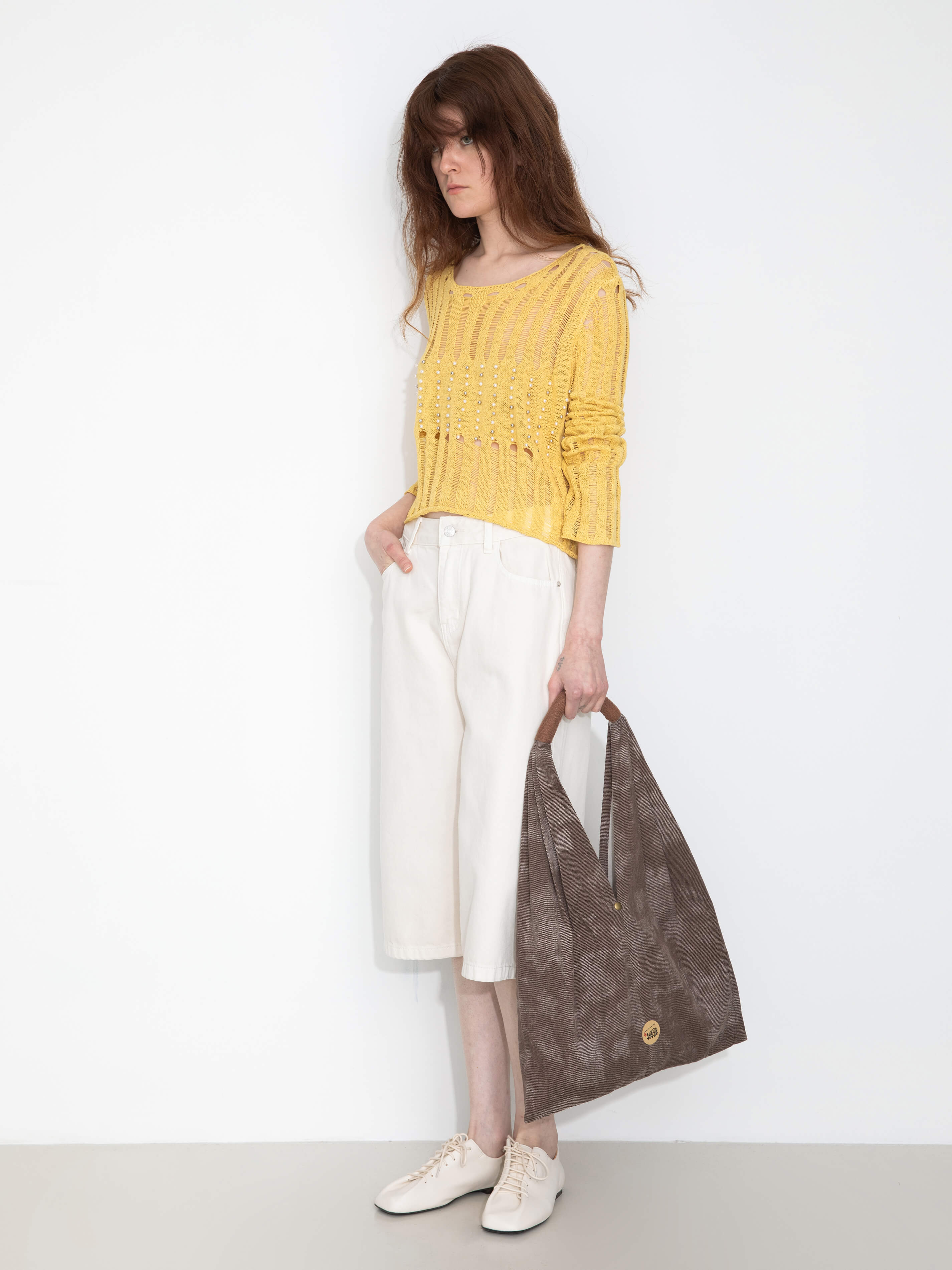 Beaded Hollow-Out Knit Top with Flare Sleeves-4