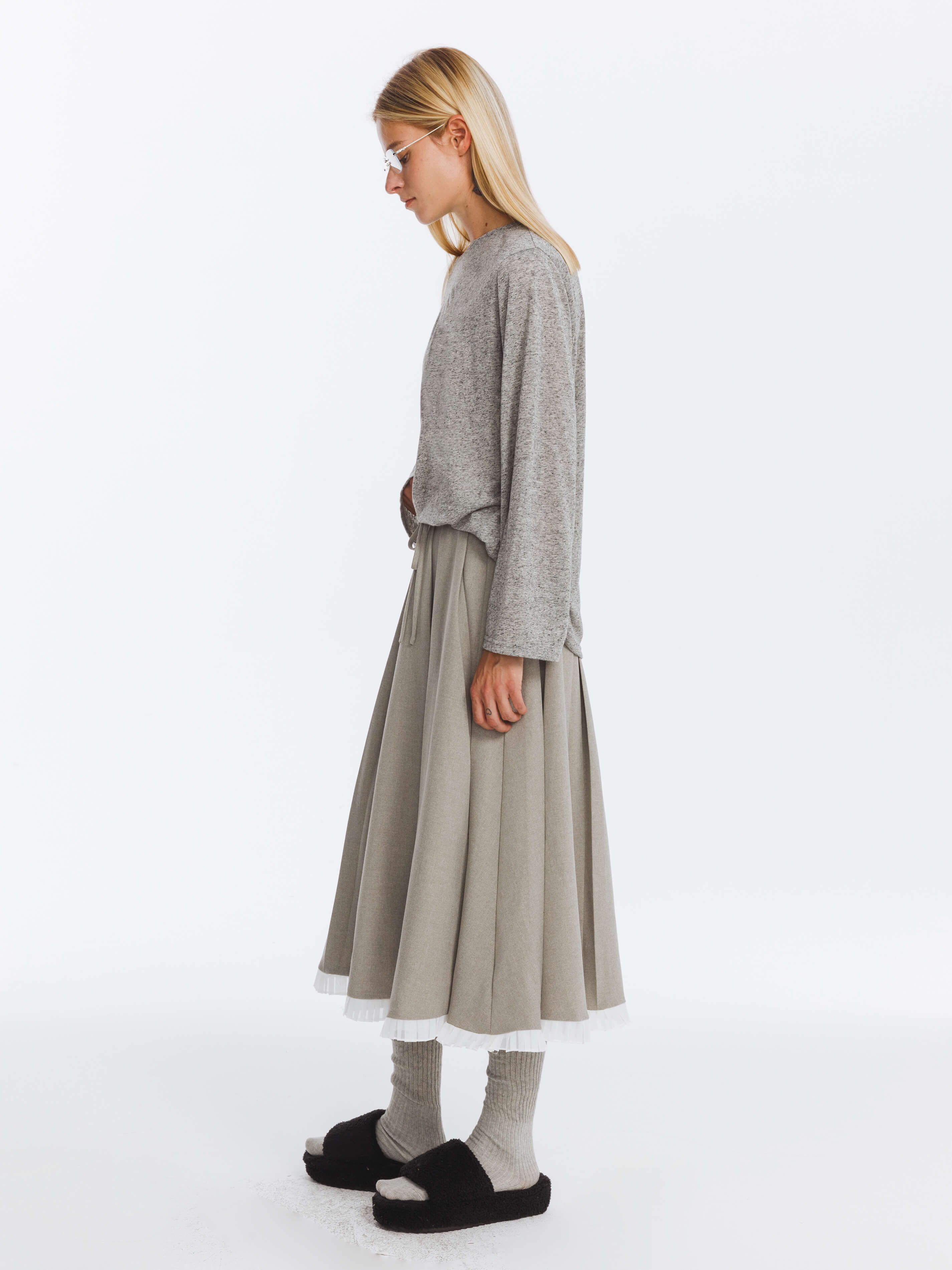 A-line Pleated Skirt with Ruffles Hem-9