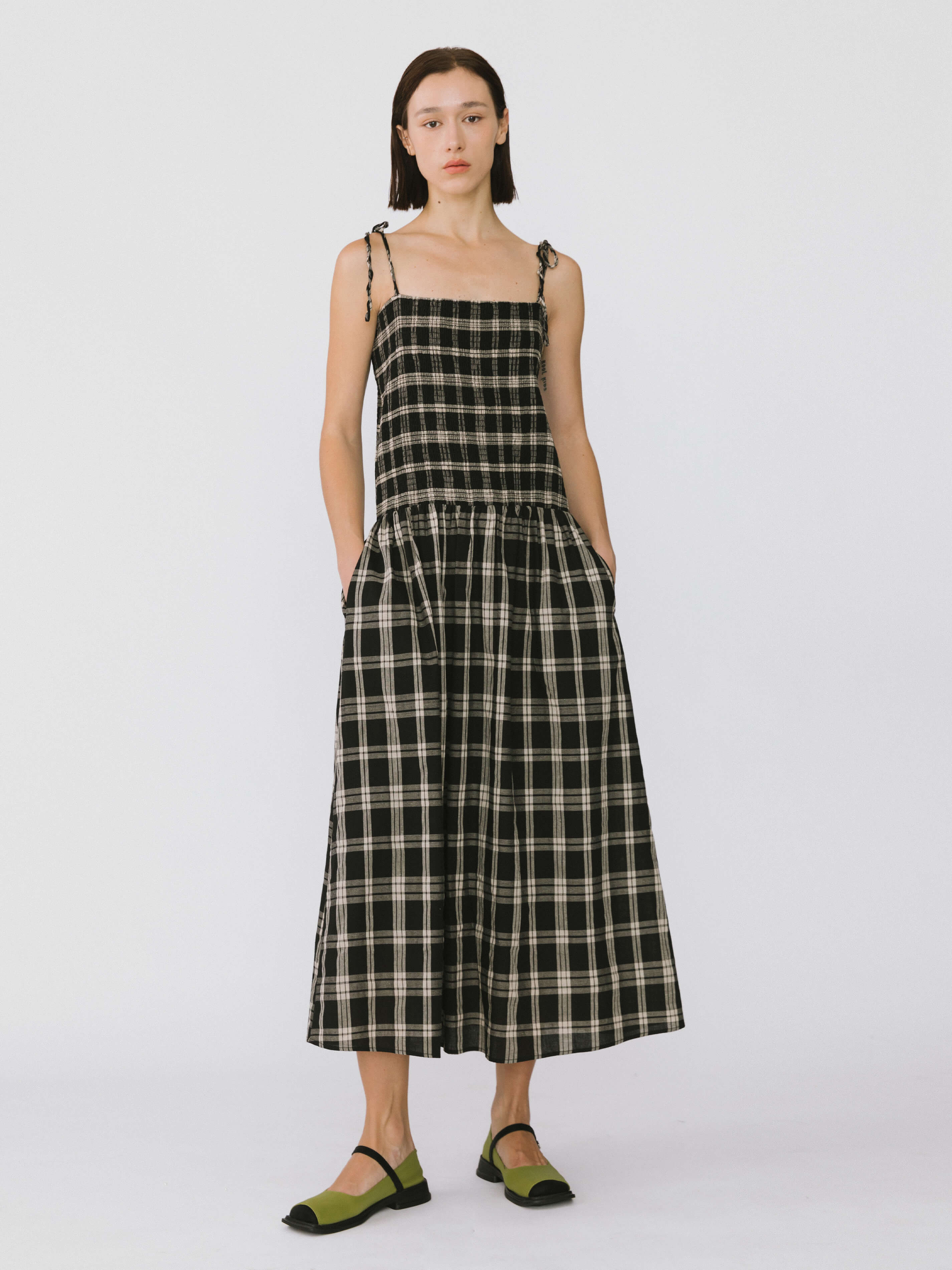 Pure Cotton Plaid Sling Dress-5