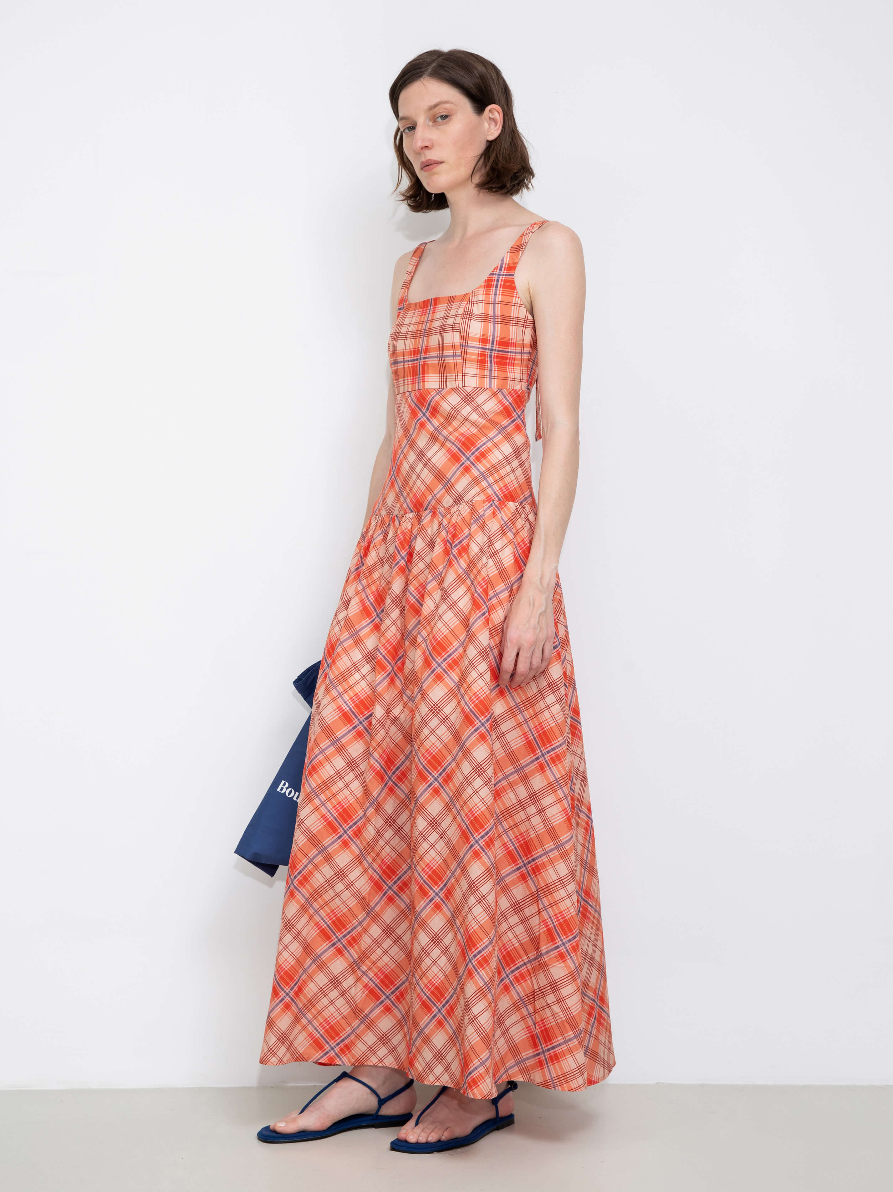 Red Check Print Square Neck Dress-5