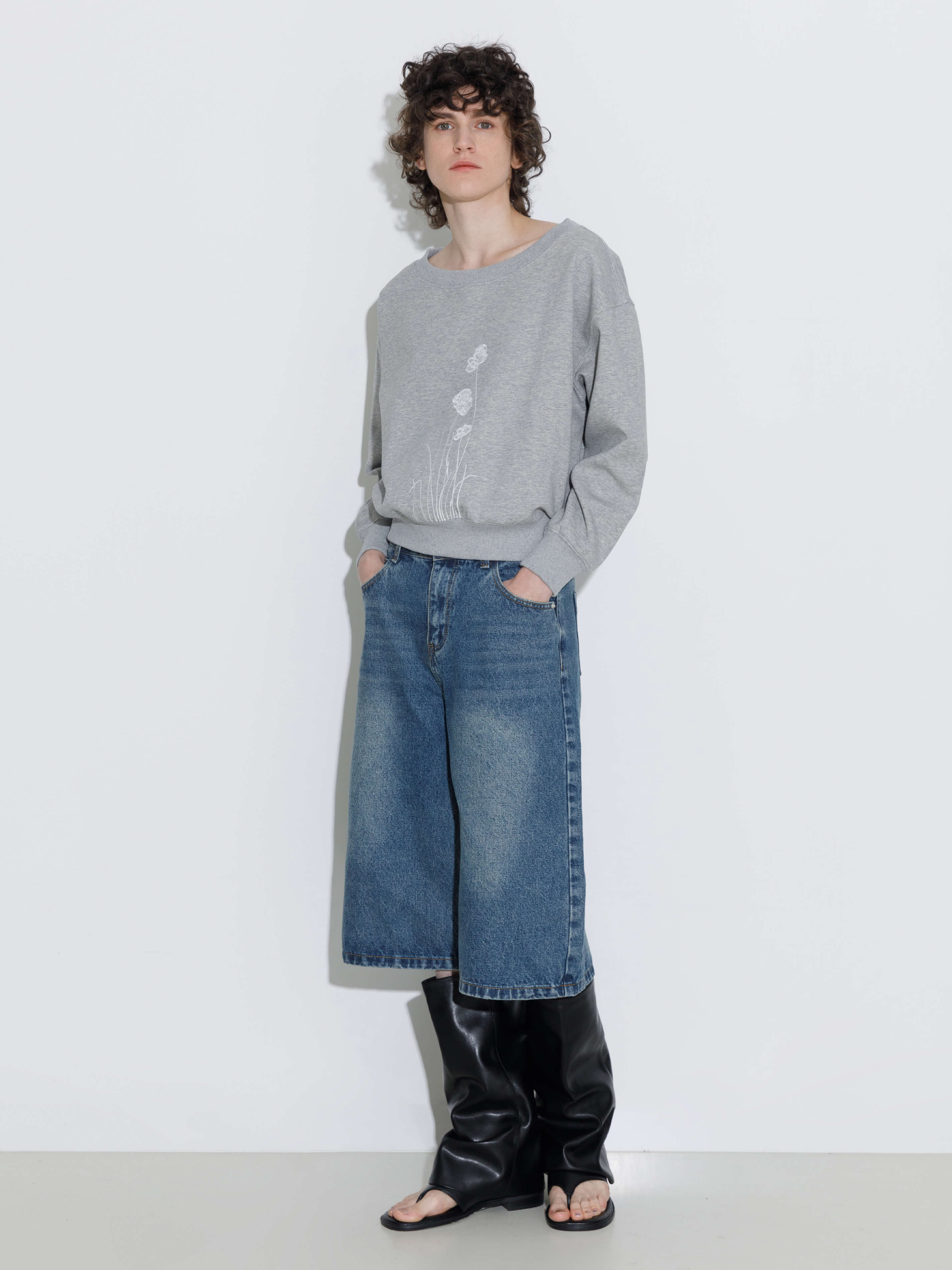 Lace Print Oversized Sweatshirt with Wide Neckline-9