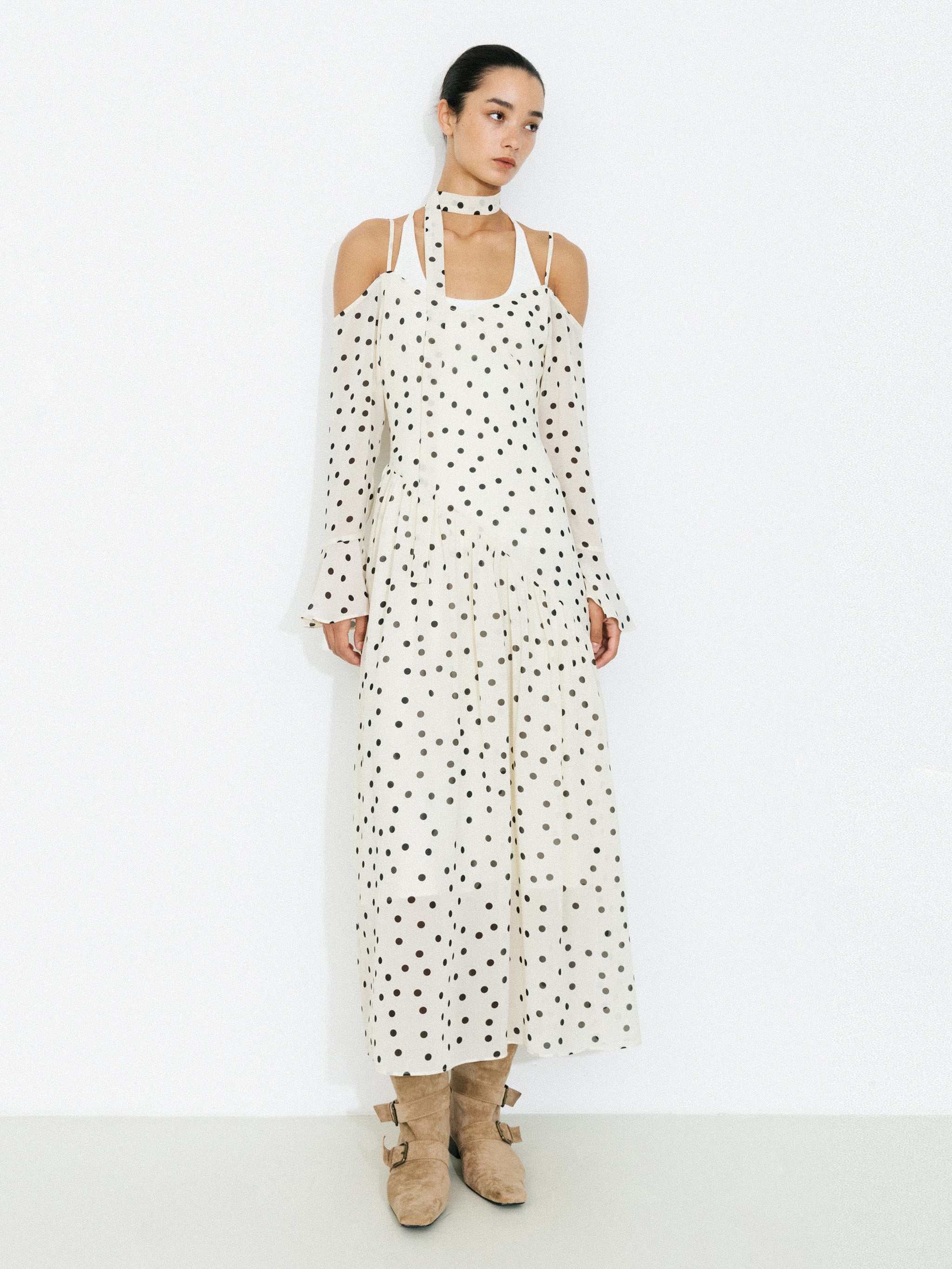 Polka Dot Off-Shoulder Cami Sleeve Maxi Dress-5