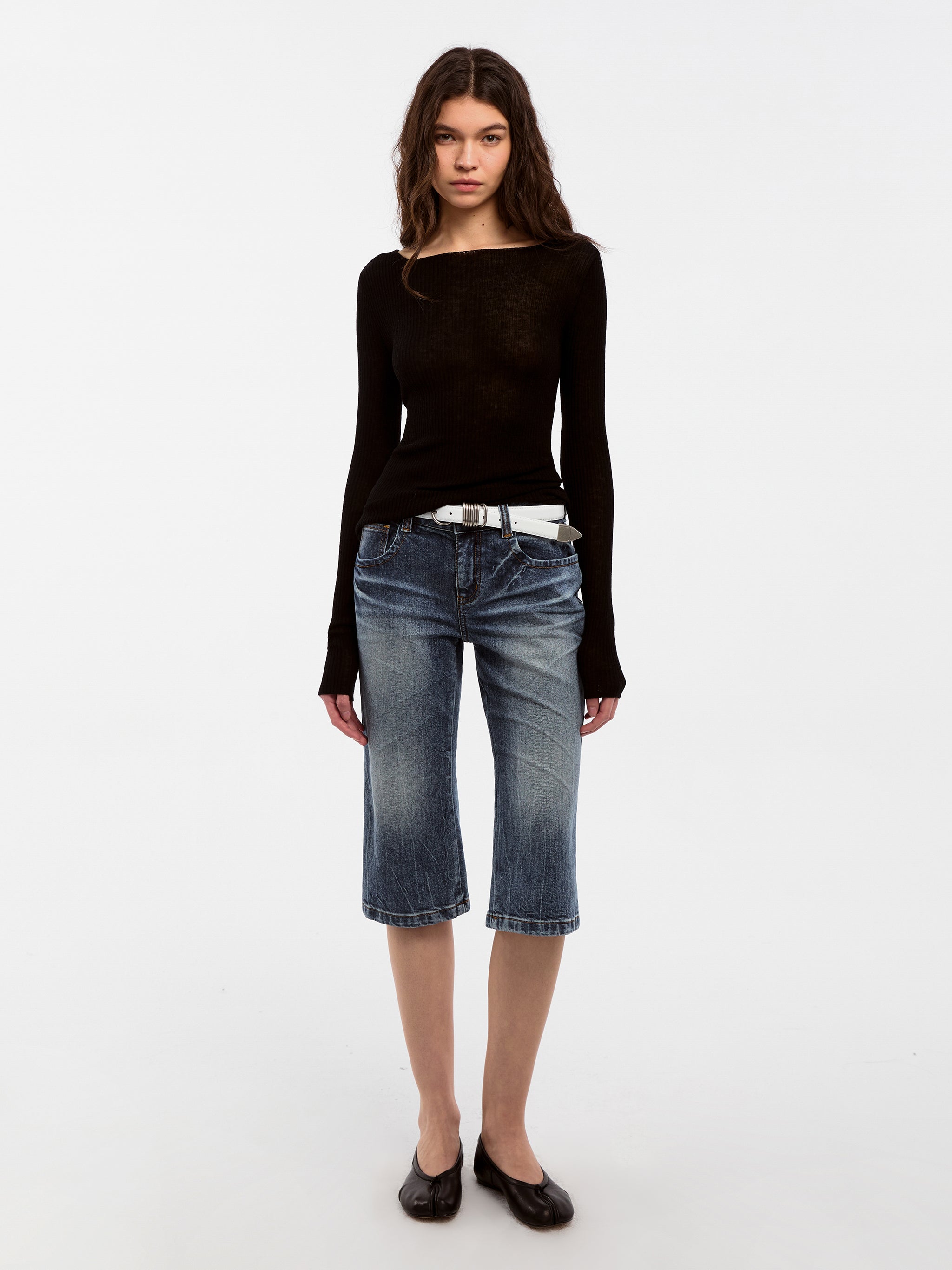 CUBIC Washed Denim Knee-Length Shorts-5