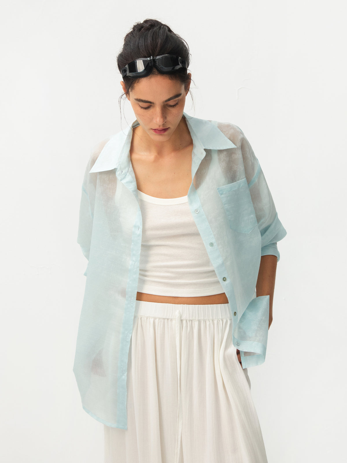 CUBIC Lyocell Oversized Sheer Button-Down Shirt-5