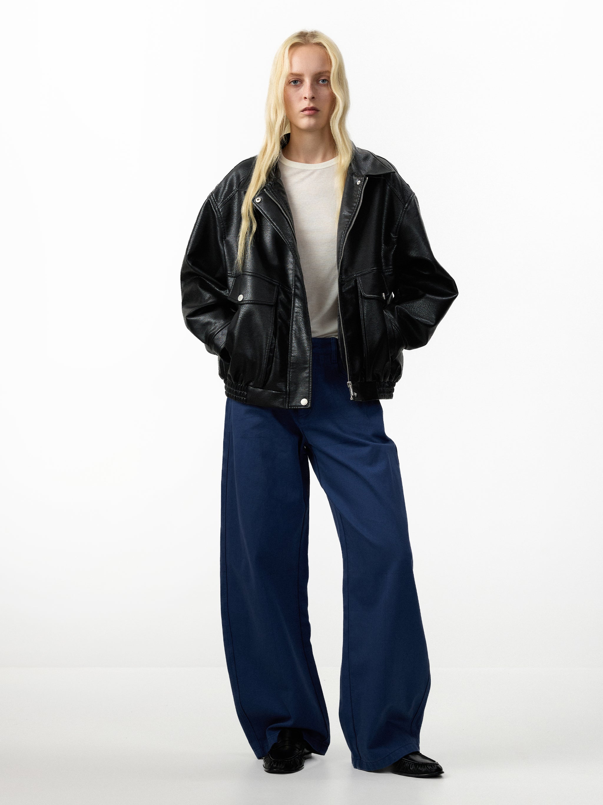 CUBIC Faux‑Leather Oversized Bomber Jacket-5