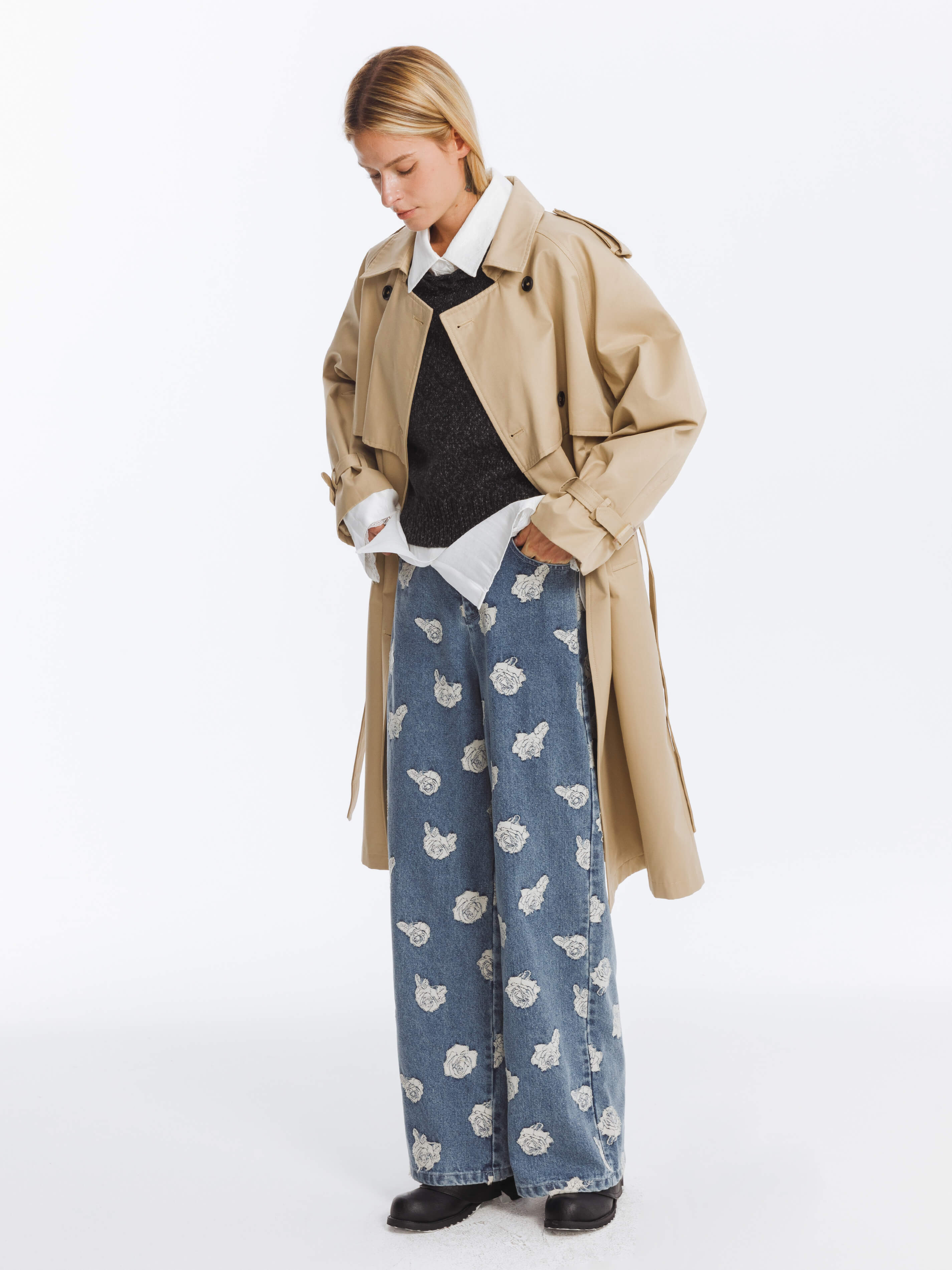 Double Breasted Cotton Blend Trench Coat-5