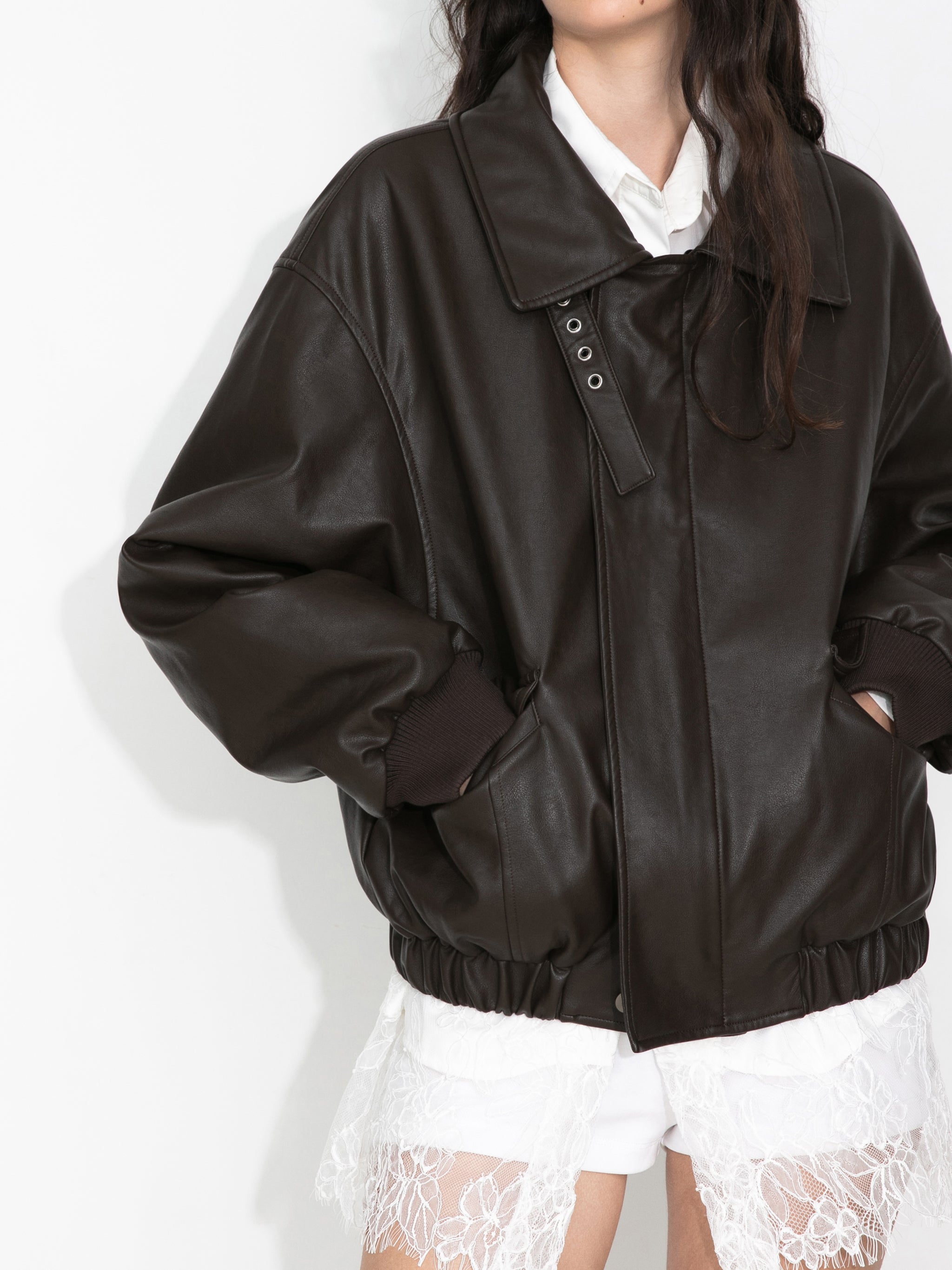 Faux Shearling Collar Leather Jacket-5