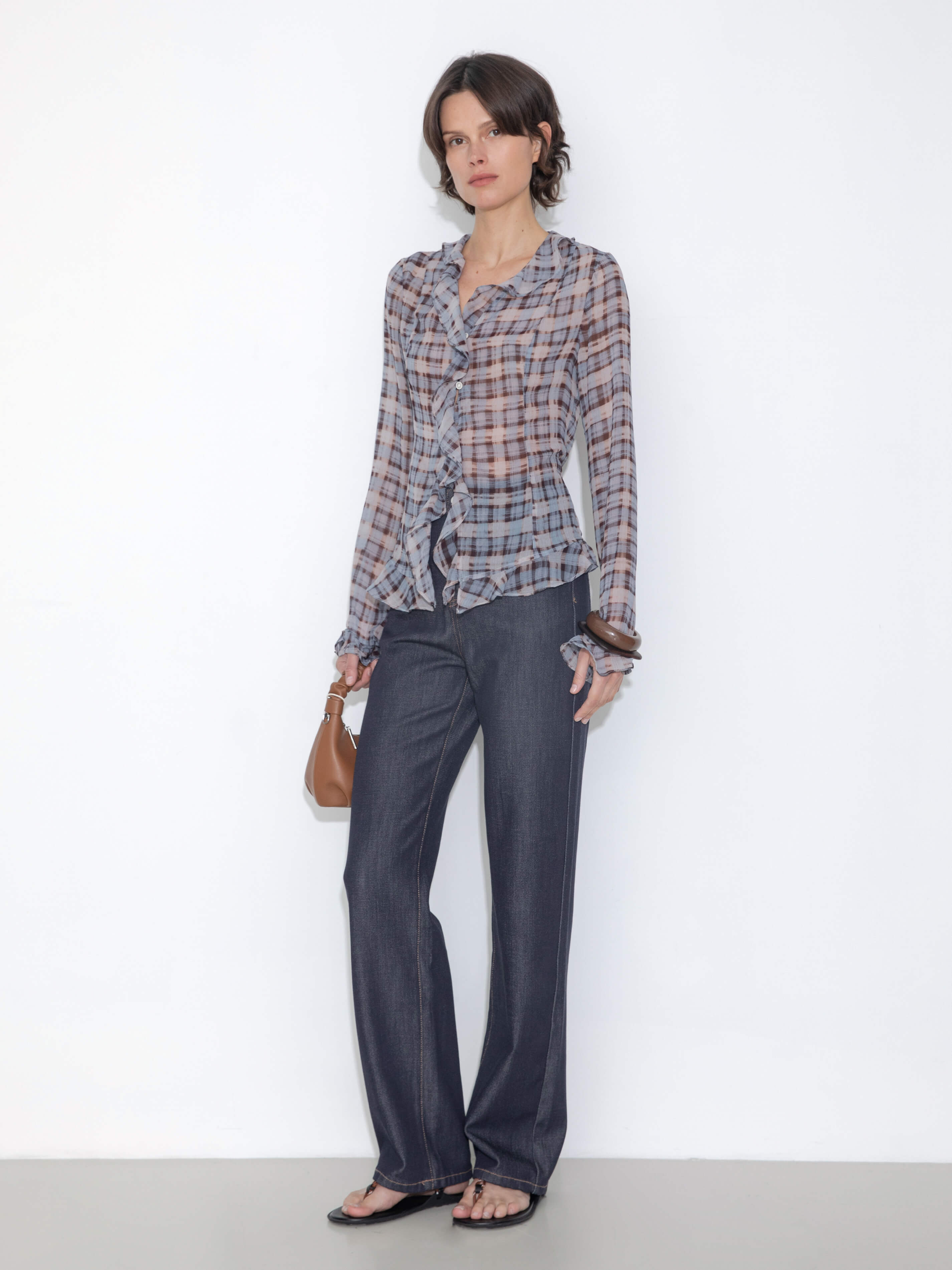 Semi-Sheer Ruffle Trim Check Shirt-8