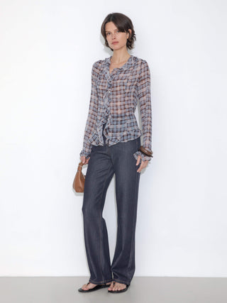 Semi-Sheer Ruffle Trim Check Shirt