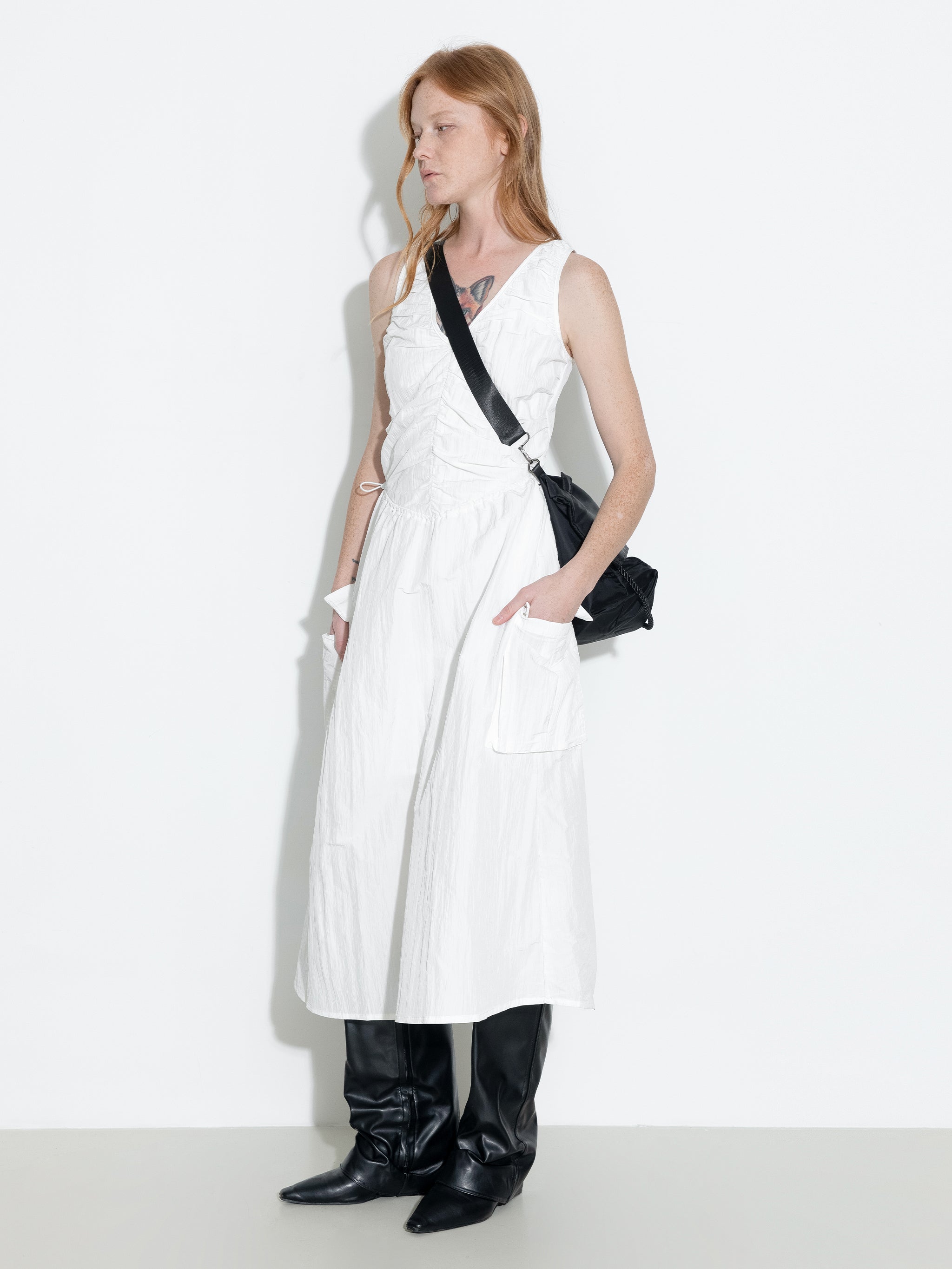Drawstring Pleated V-Neck Sleeveless Dress-5