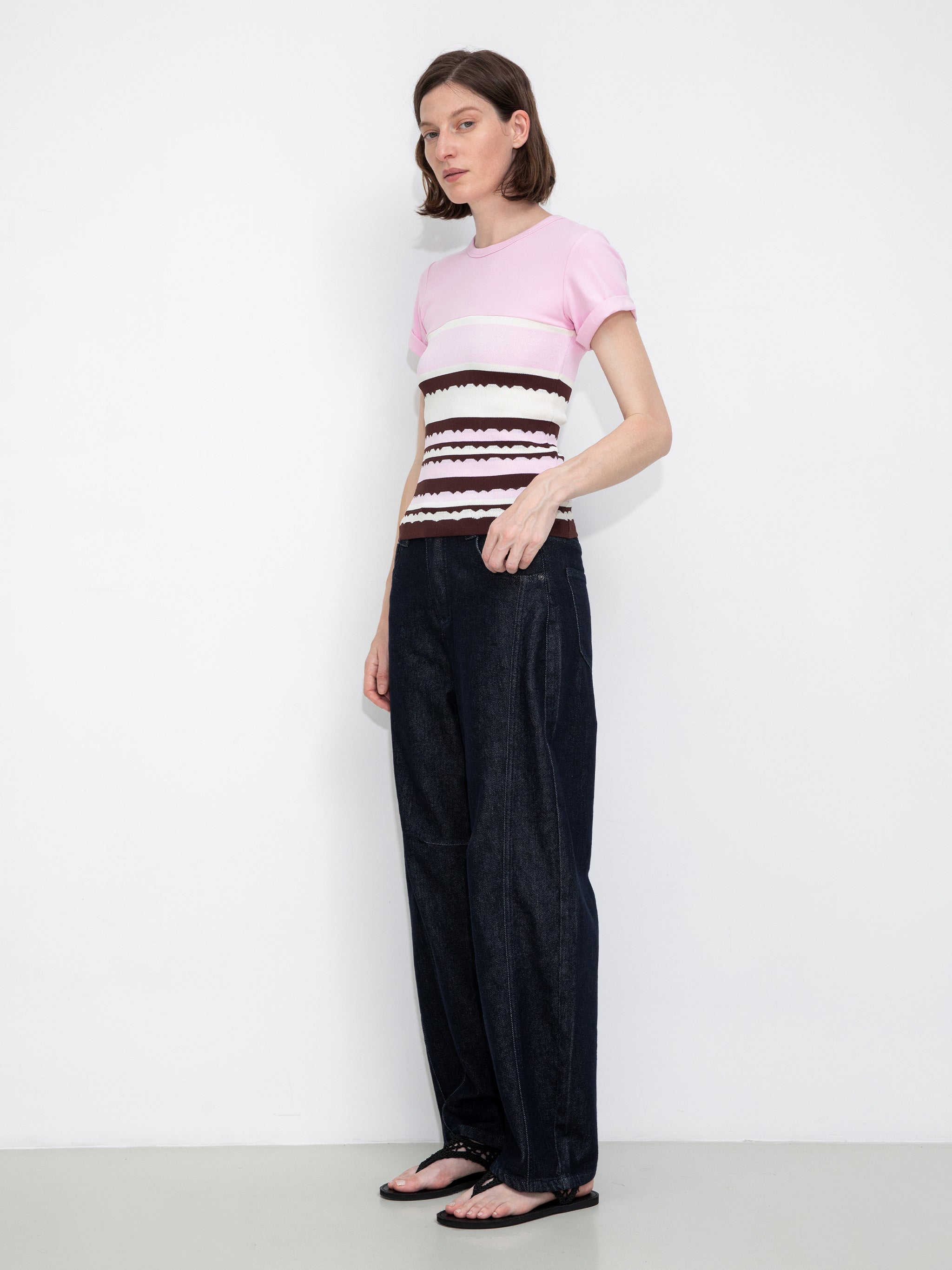 Round Neck Striped Color Block Knitted T-shirt-5