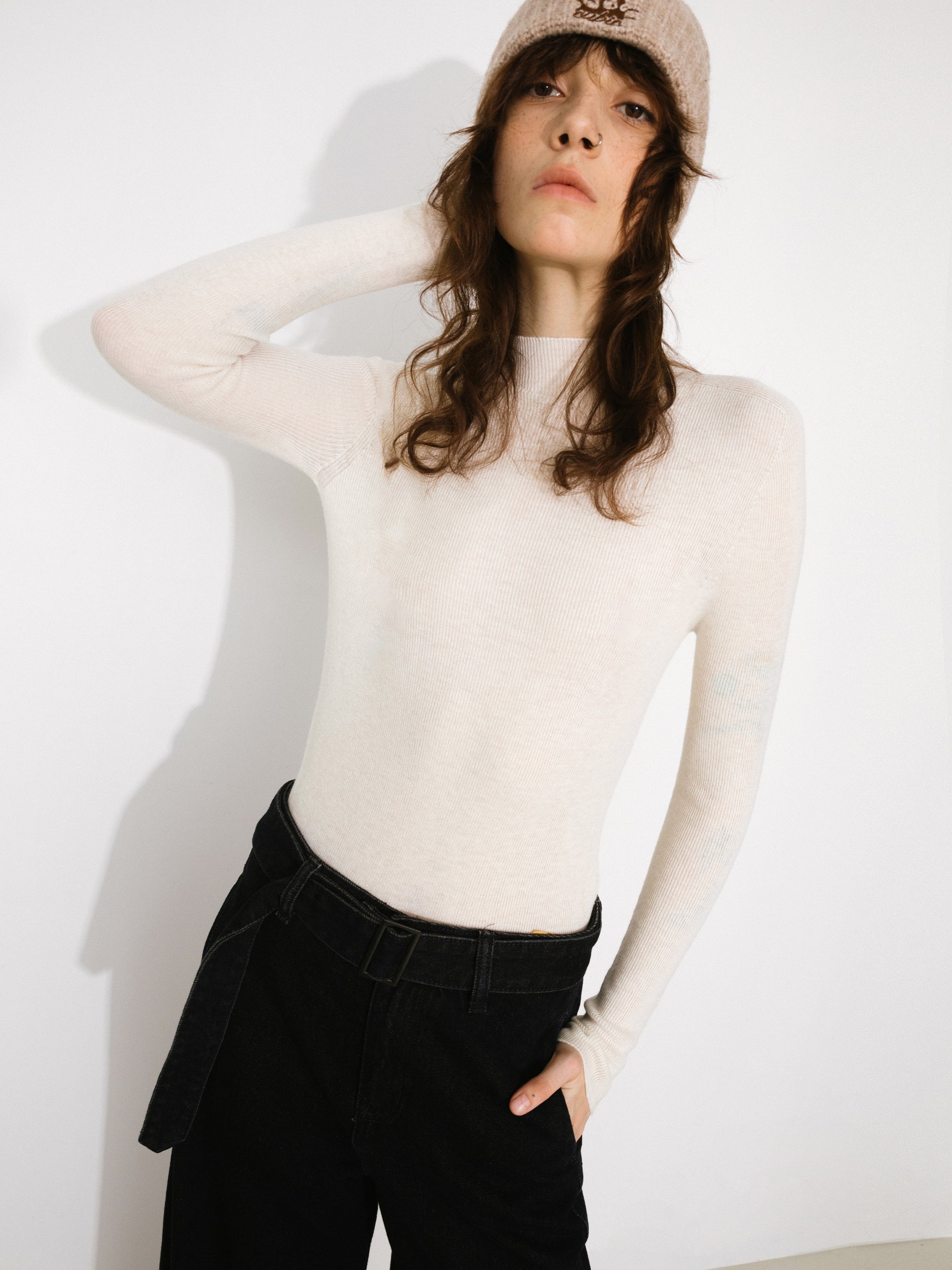 CUBIC 100% Wool Mock‑Neck Fitted Knit Top-5