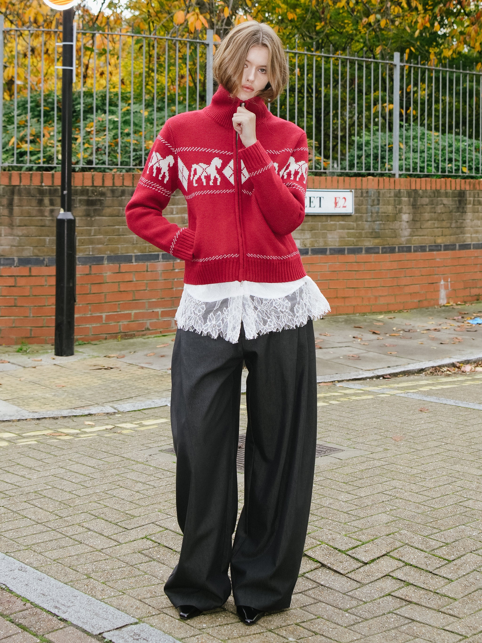 Horse Pattern Diamond Zip-Up Knit Cardigan-5