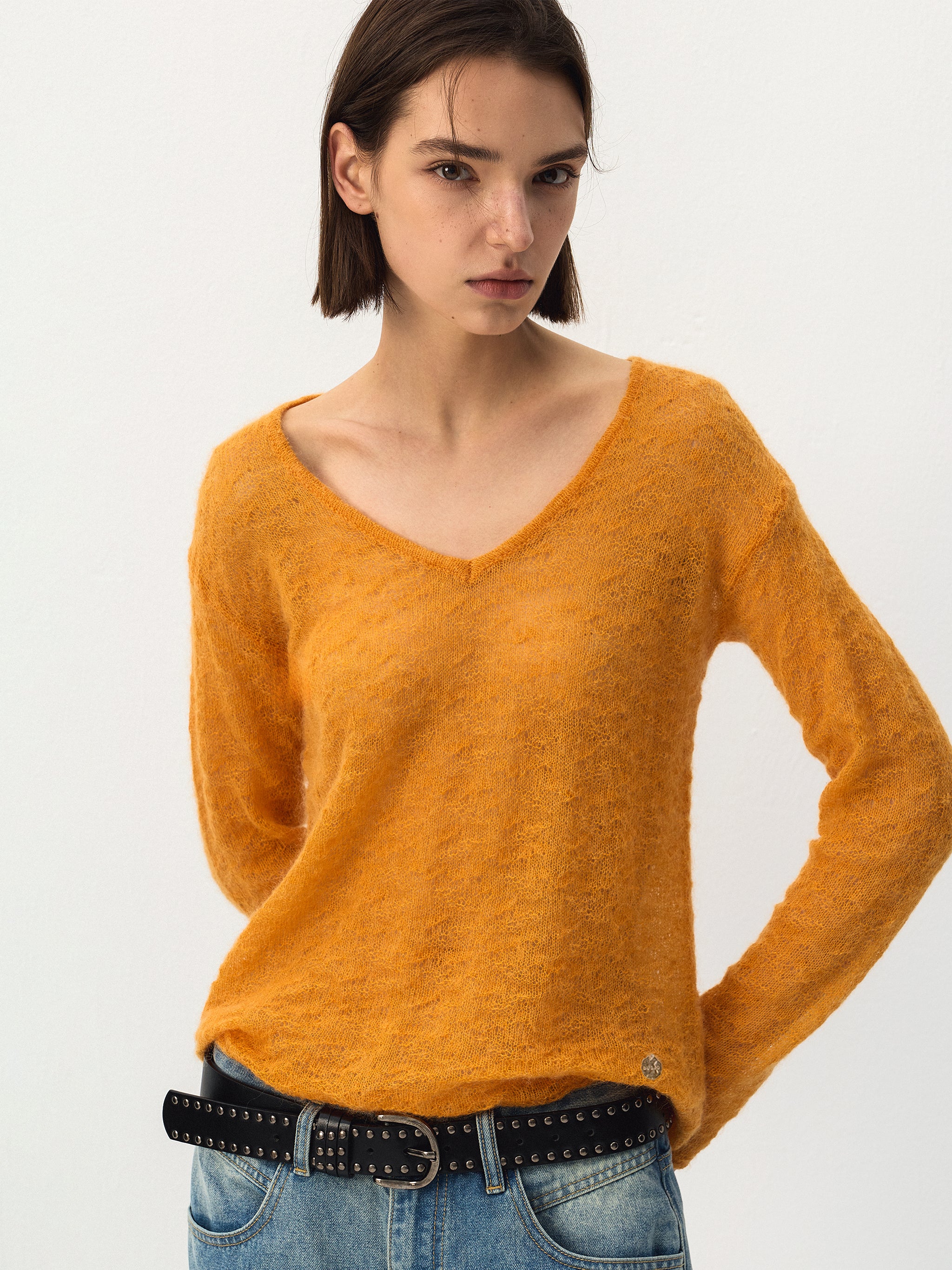 CUBIC Mohair Wool V-Neck Knit Top-5
