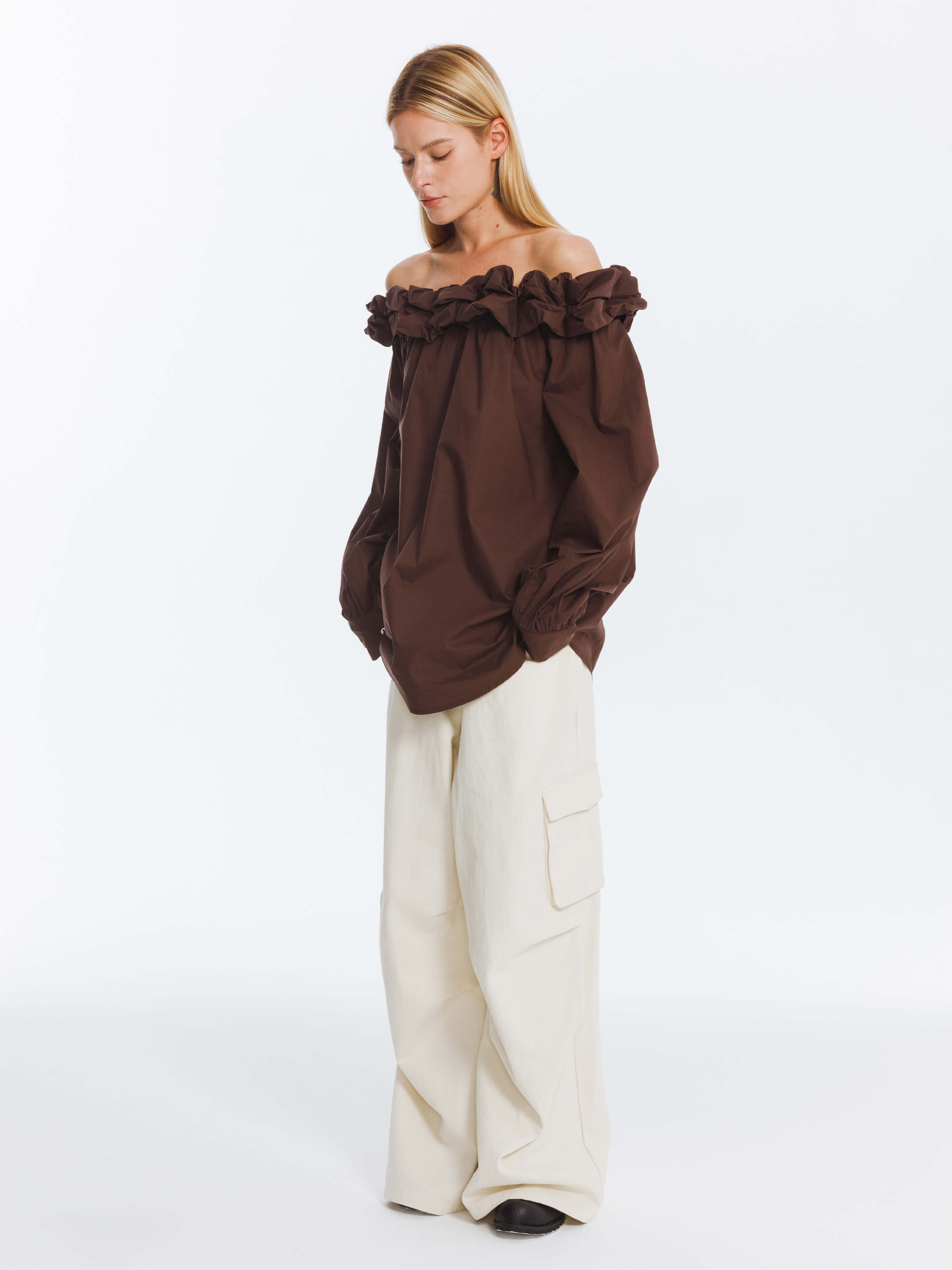 3D Ruffle Collar Long Sleeve Cotton Blouse-9